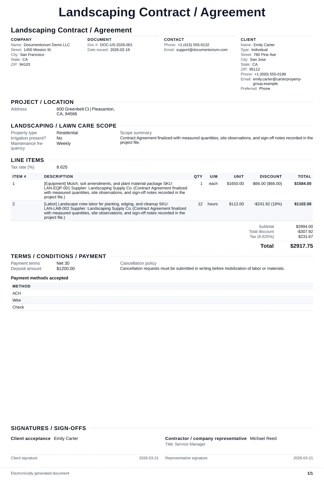Preview of Landscaping Contract / Agreement