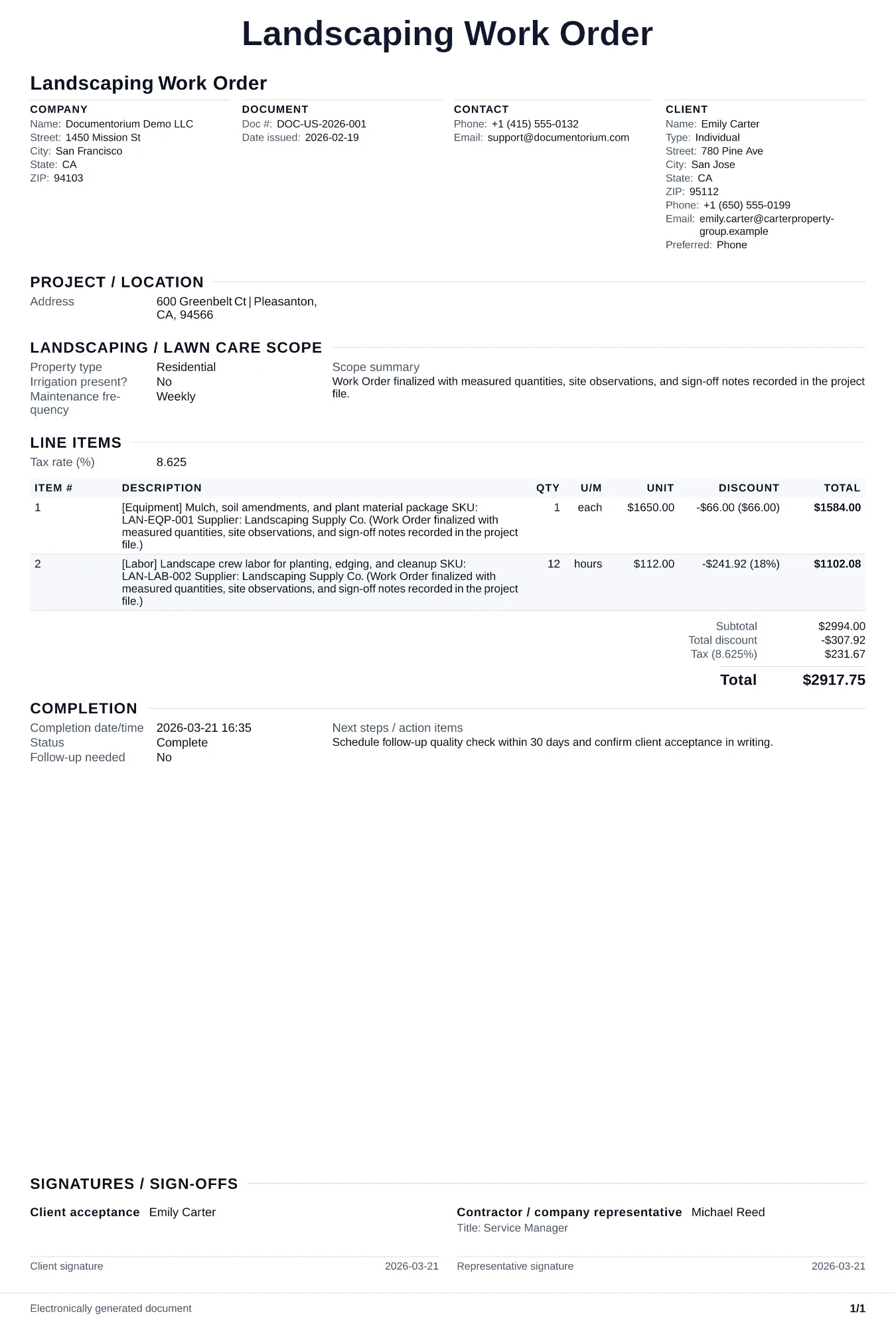 Preview of Landscaping Work Order