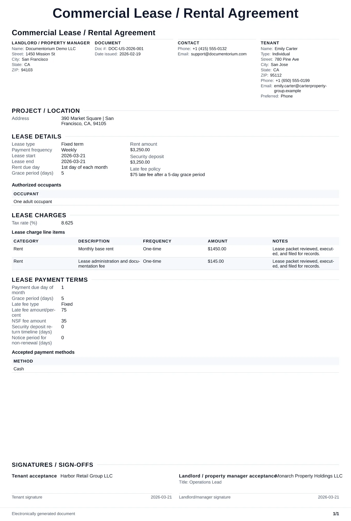 Preview of Commercial Lease / Rental Agreement