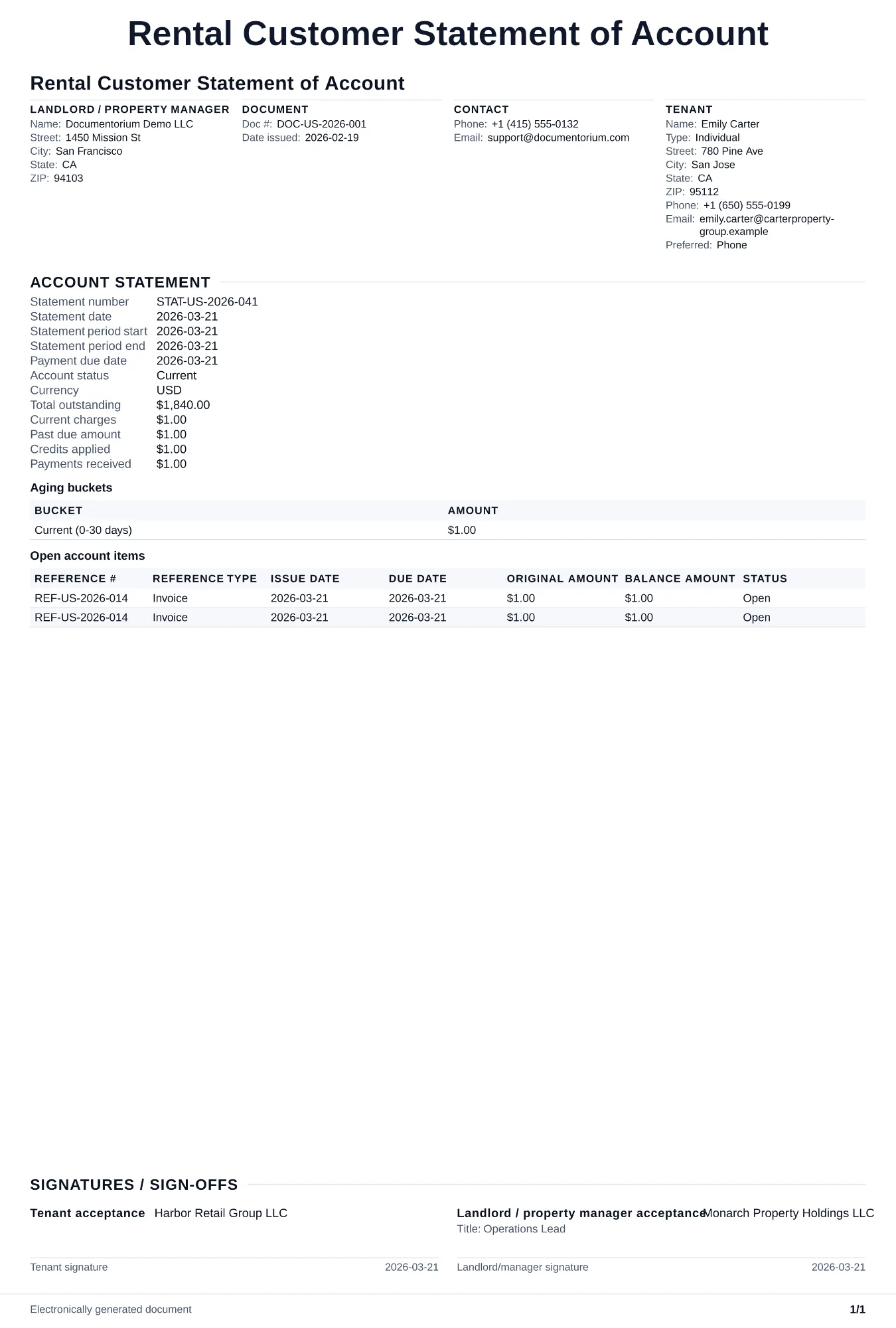 Preview of Rental Customer Statement of Account