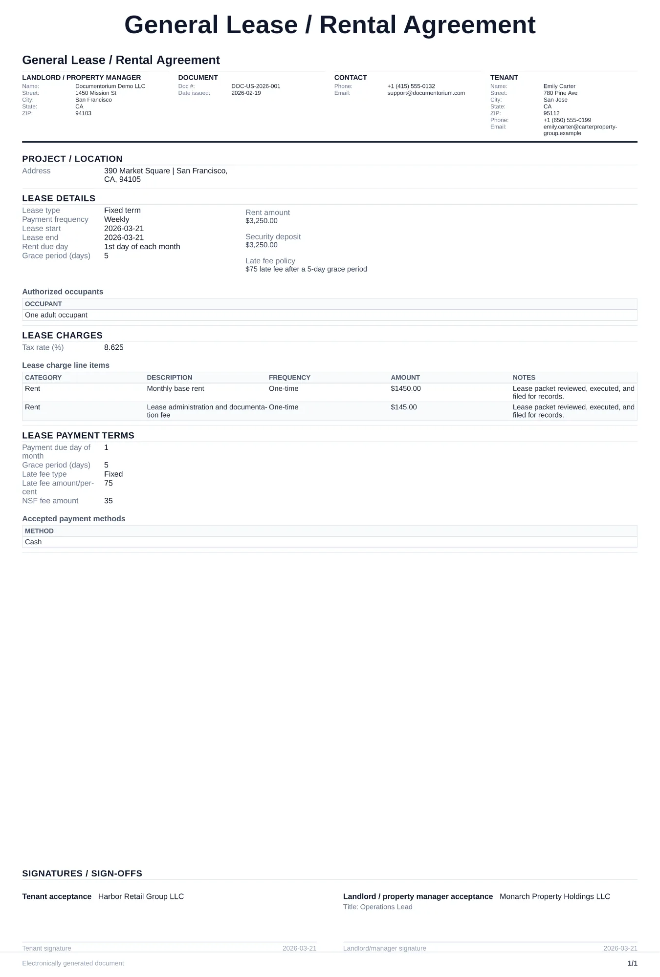 General Lease / Rental Agreement