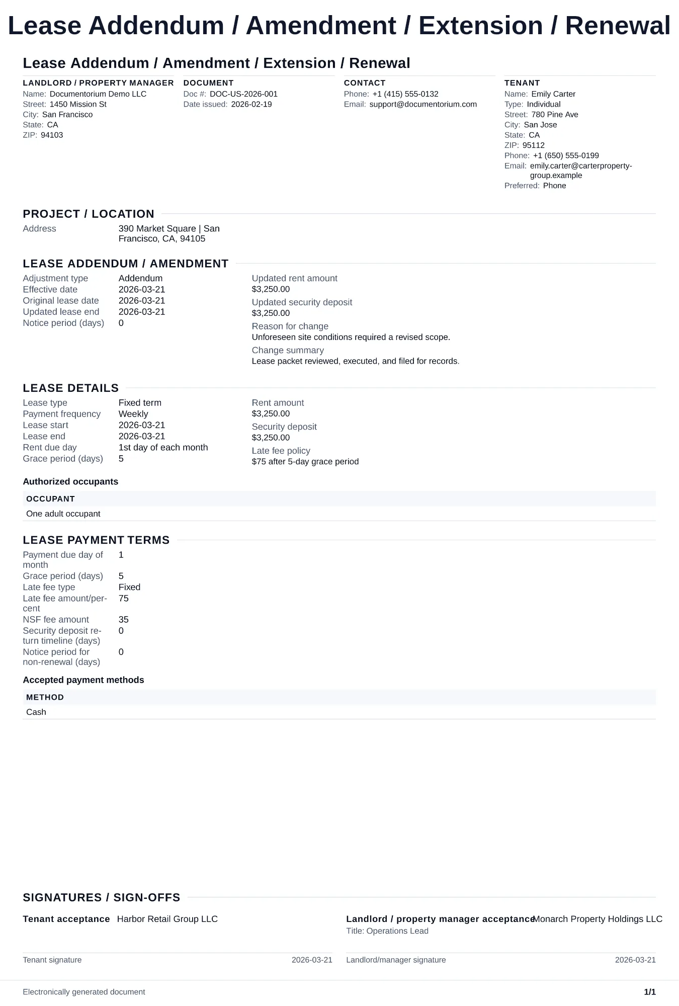 Preview of Lease Addendum / Amendment / Extension / Renewal