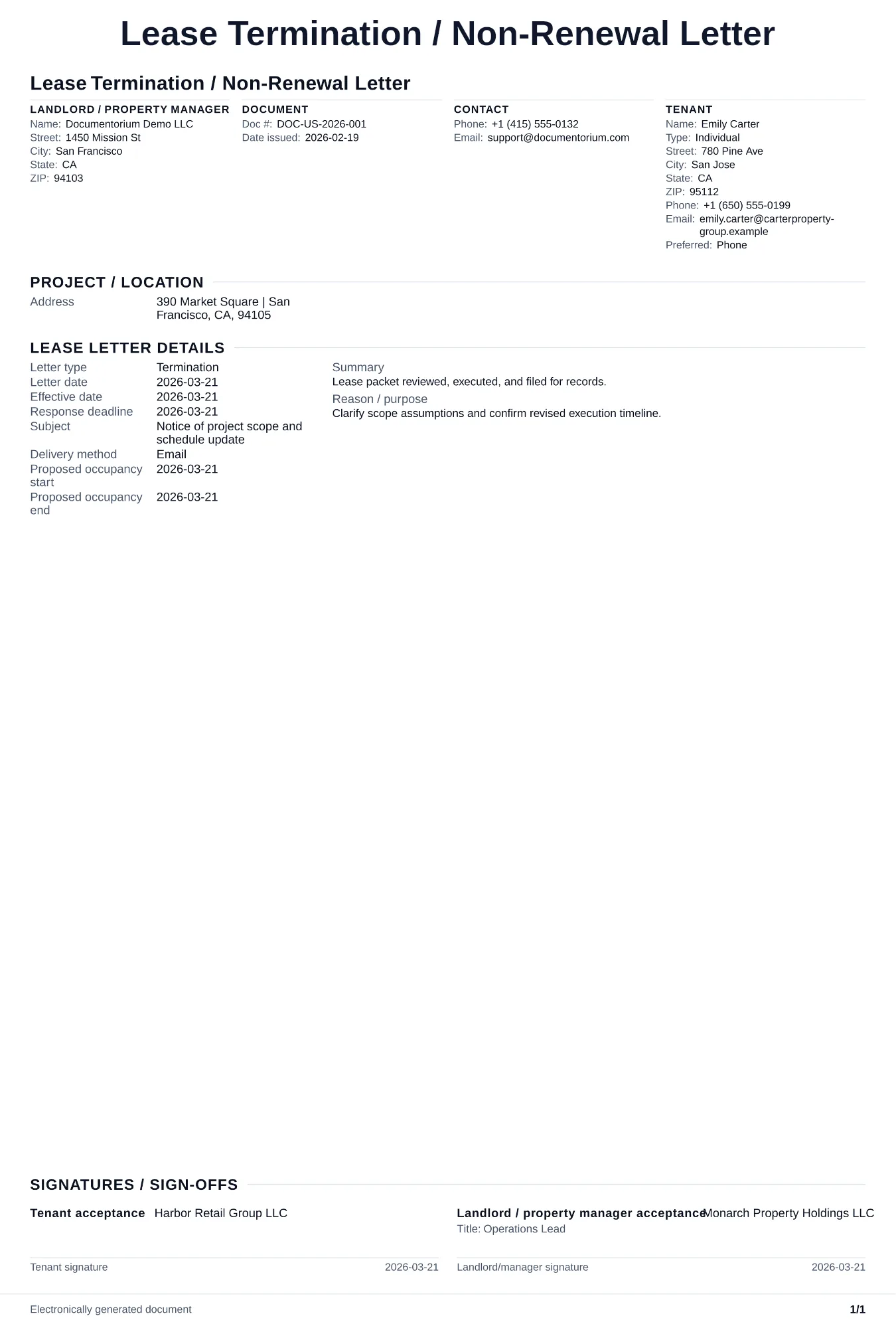 Preview of Lease Termination / Non-Renewal Letter