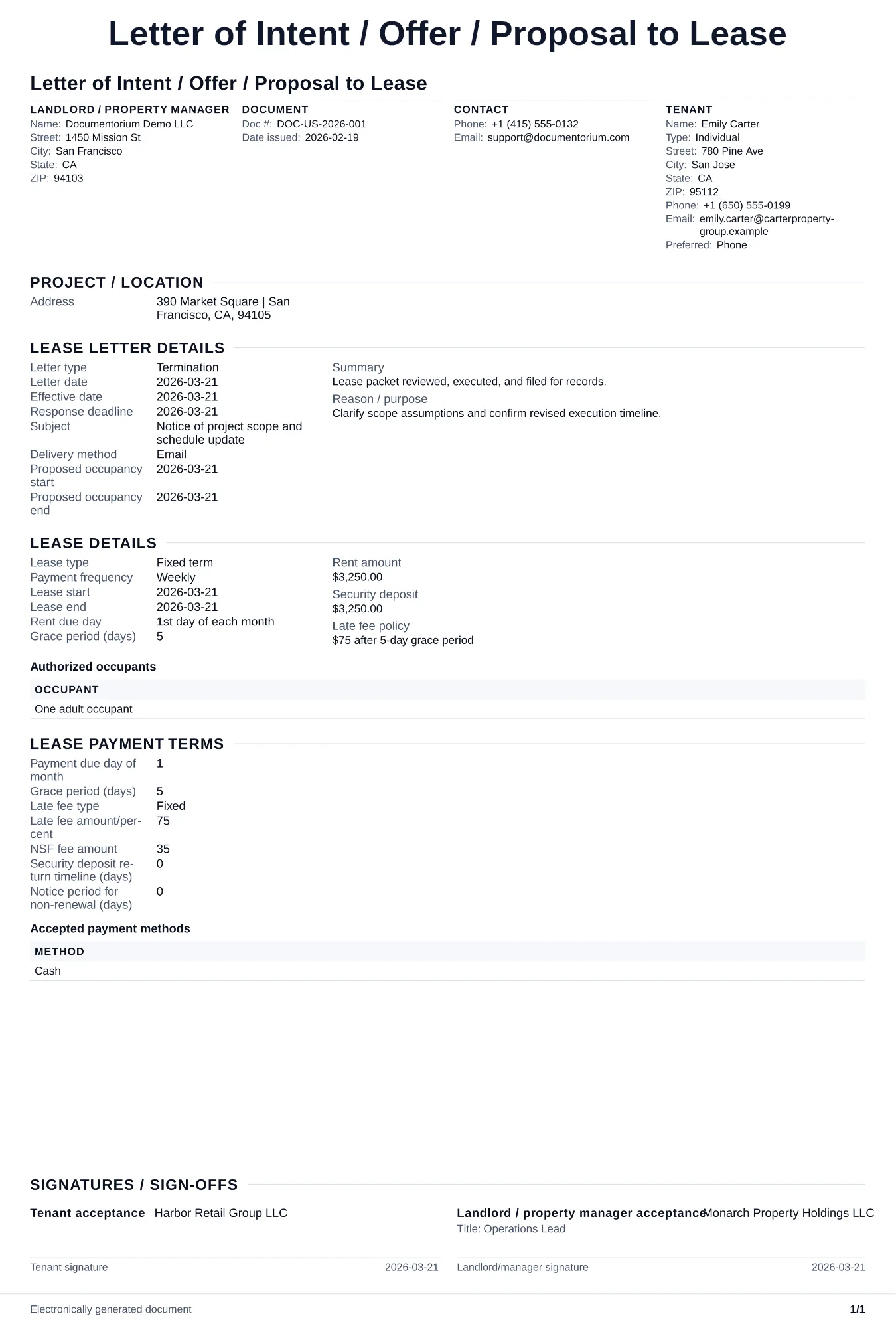 Preview of Letter of Intent / Offer / Proposal to Lease