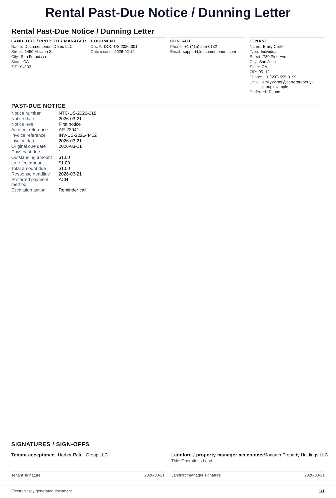 Preview of Rental Past-Due Notice / Dunning Letter