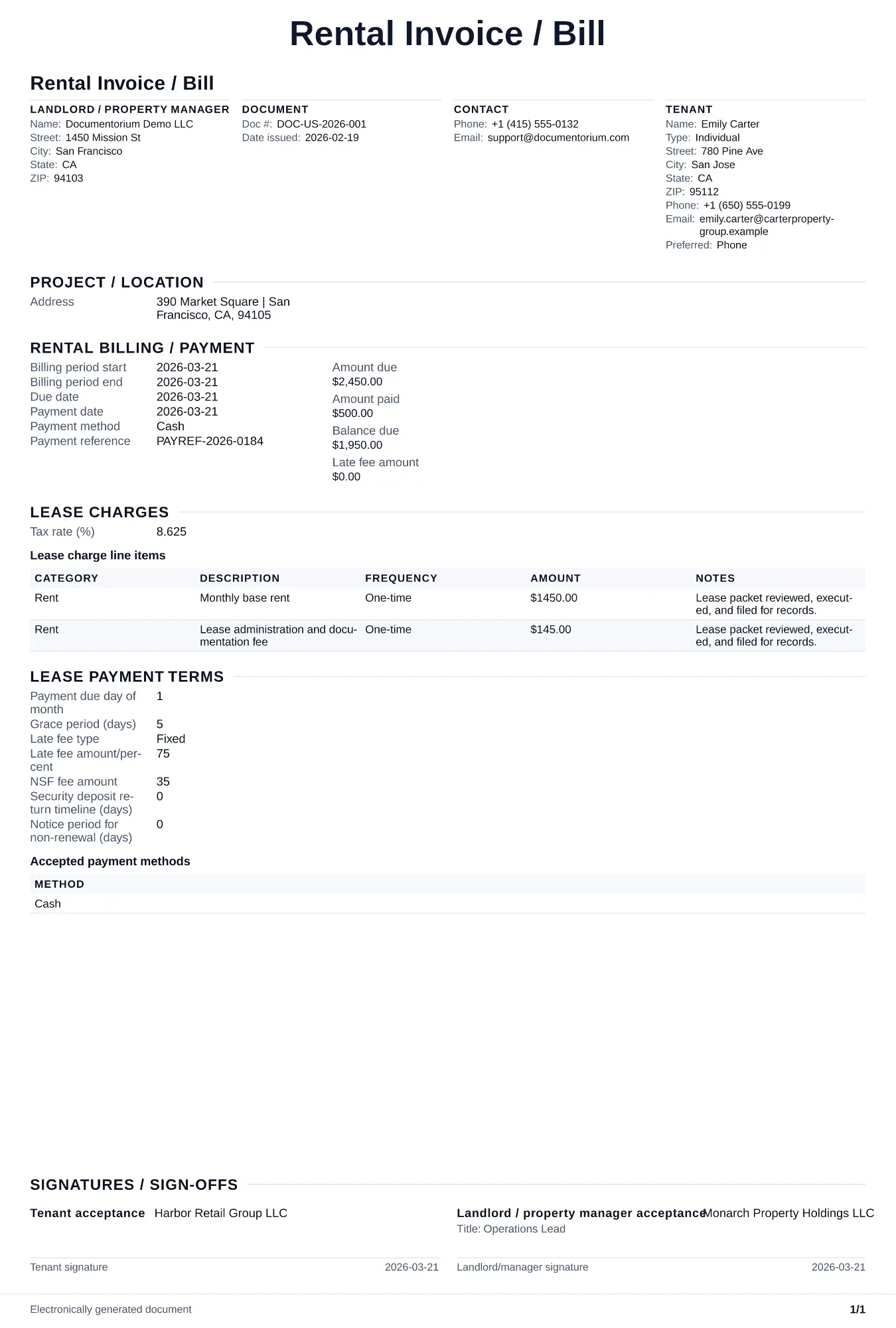 Preview of Rental Invoice / Bill