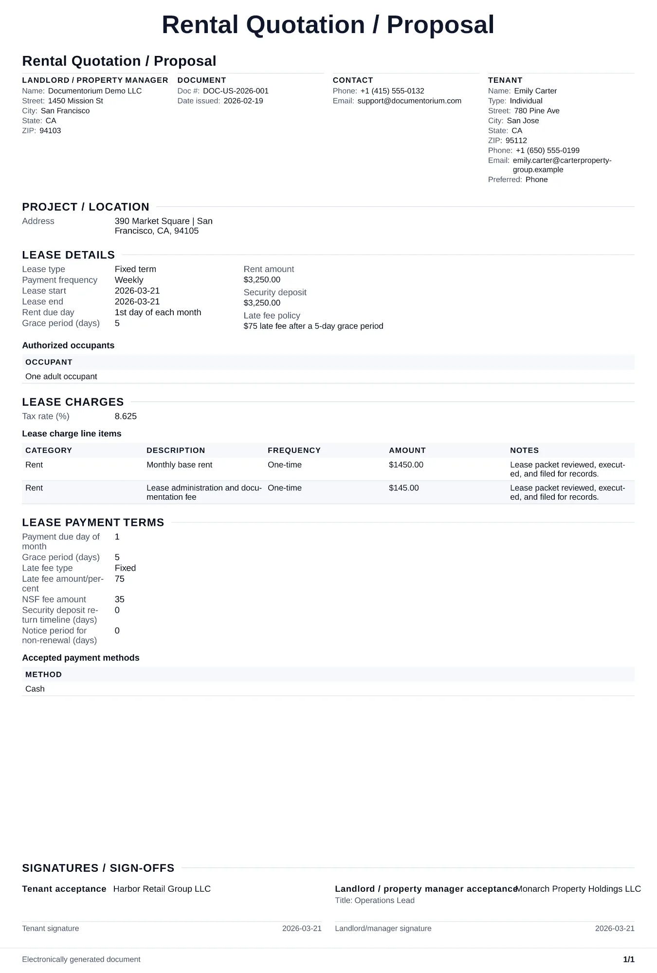 Preview of Rental Quotation / Proposal