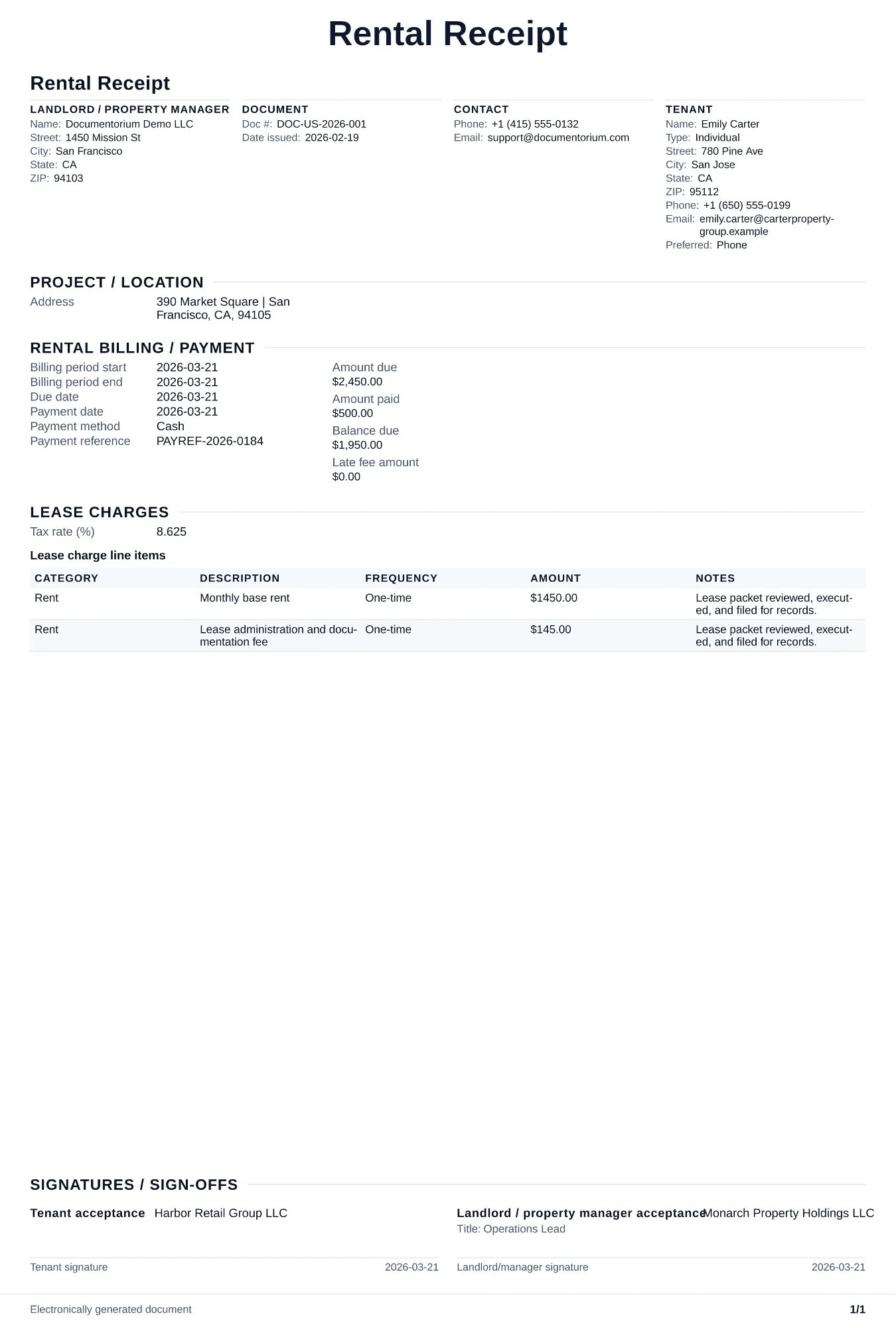 Preview of Rental Receipt