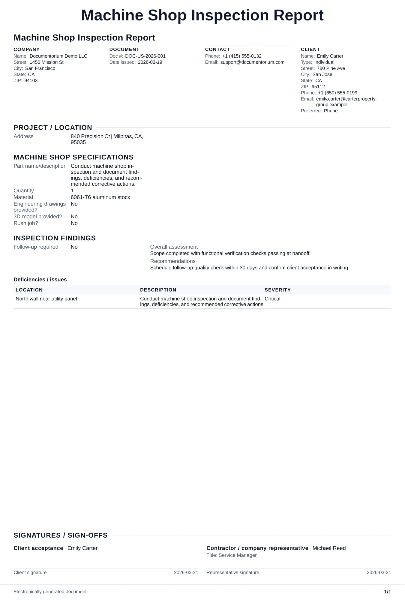 Preview of Machine Shop Inspection Report