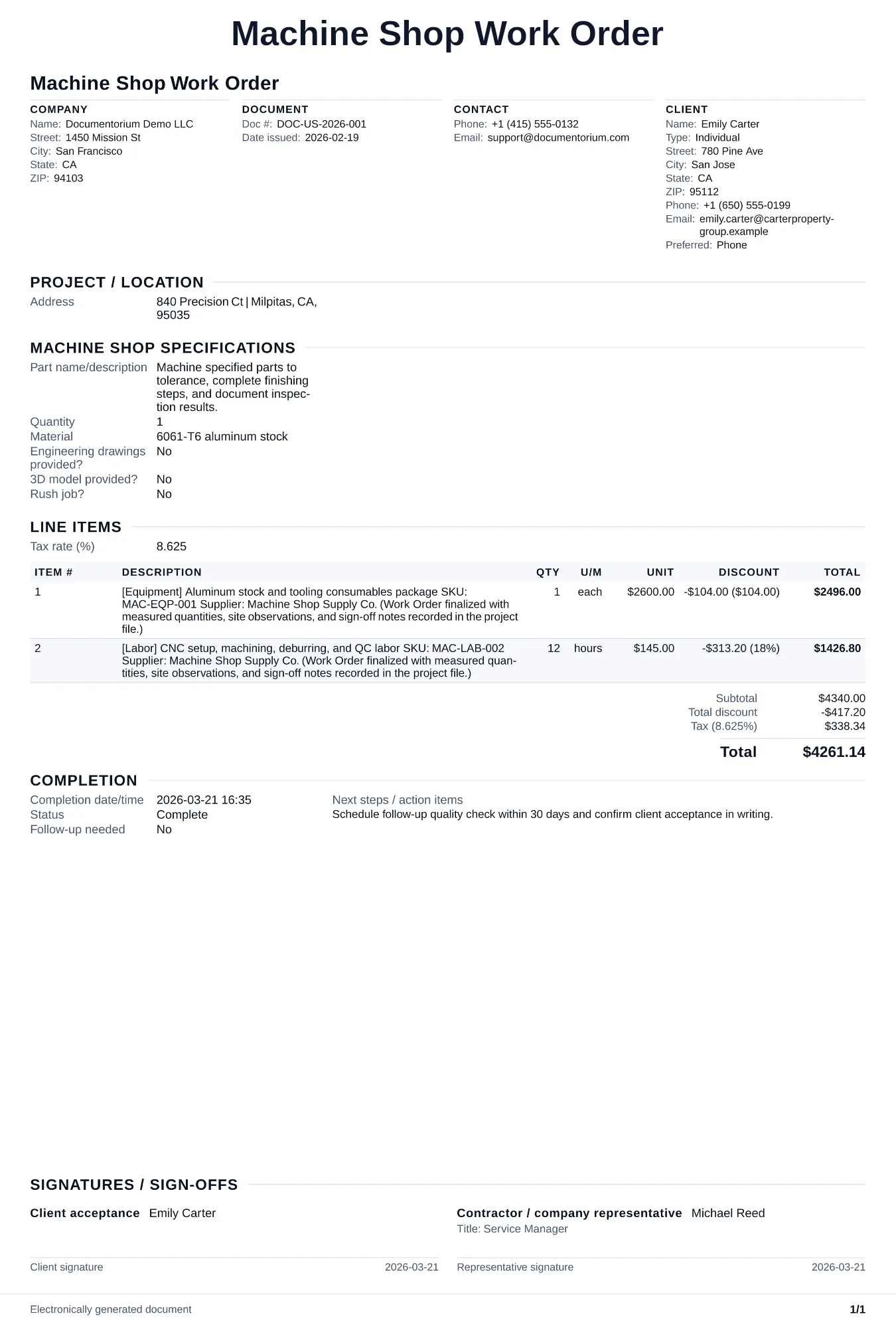Machine Shop Work Order Online Creator | documentorium