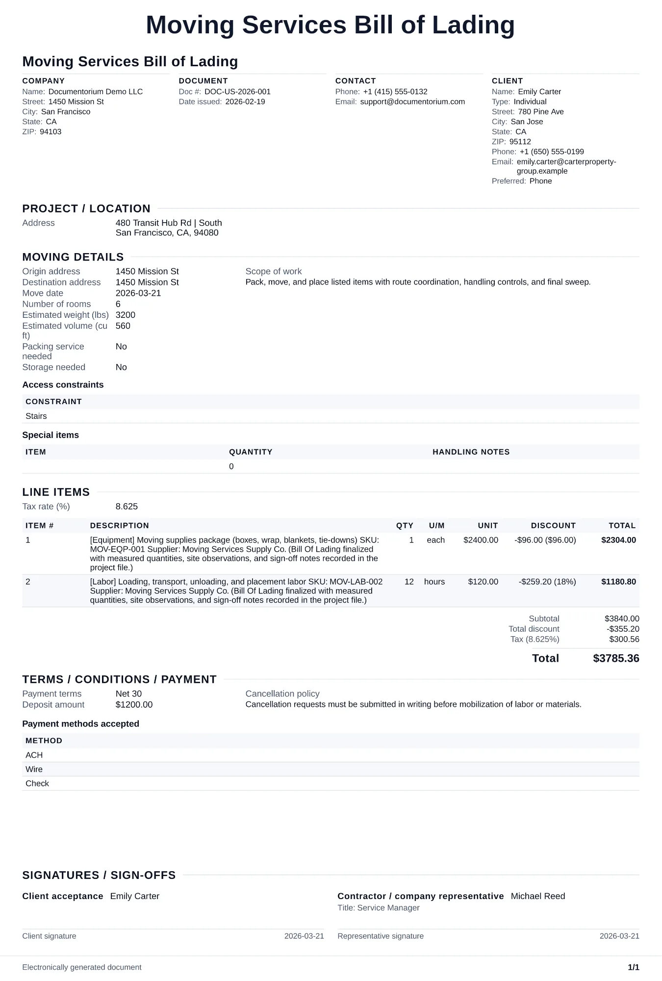 Preview of Moving Services Bill of Lading