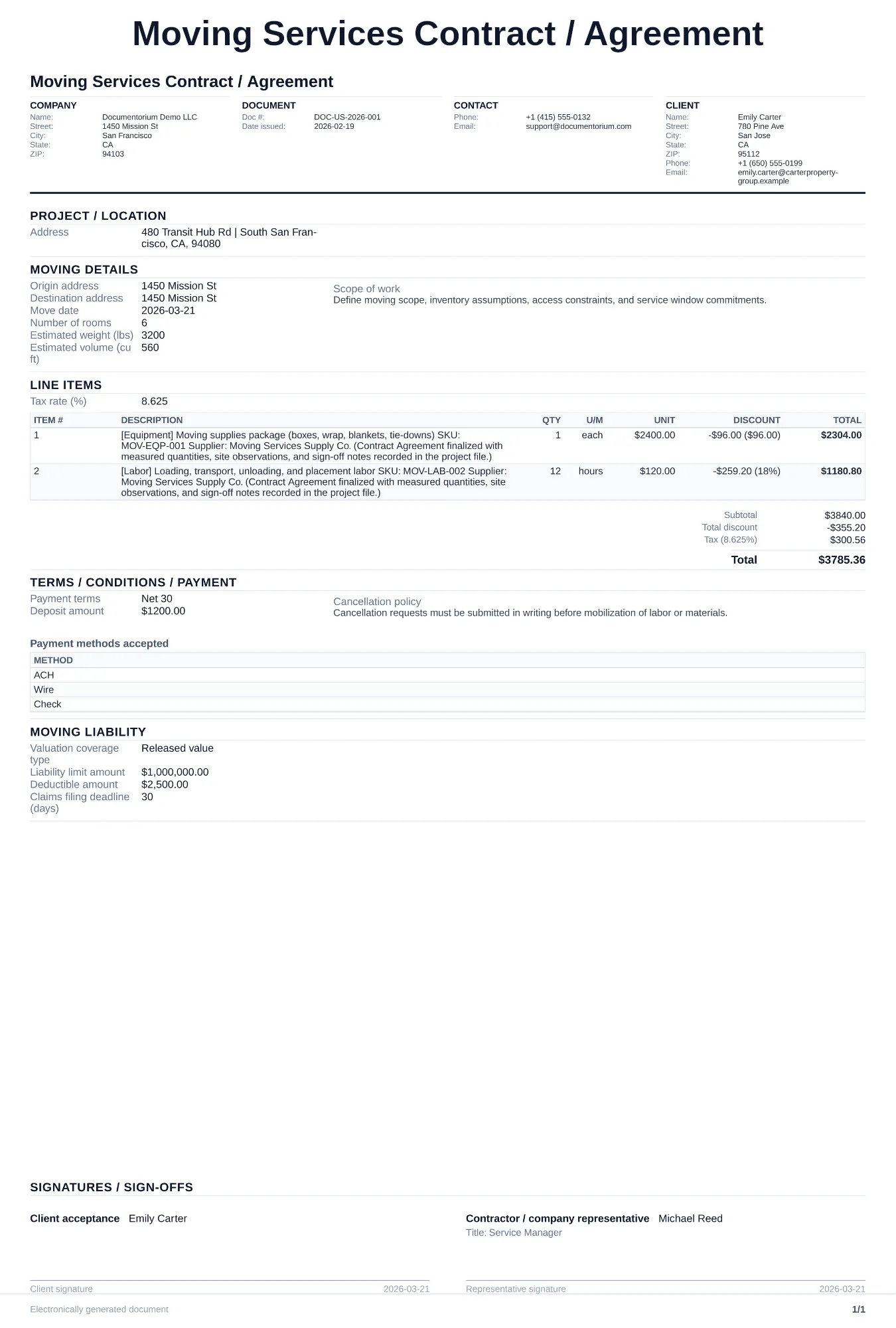 Moving Services Contract / Agreement