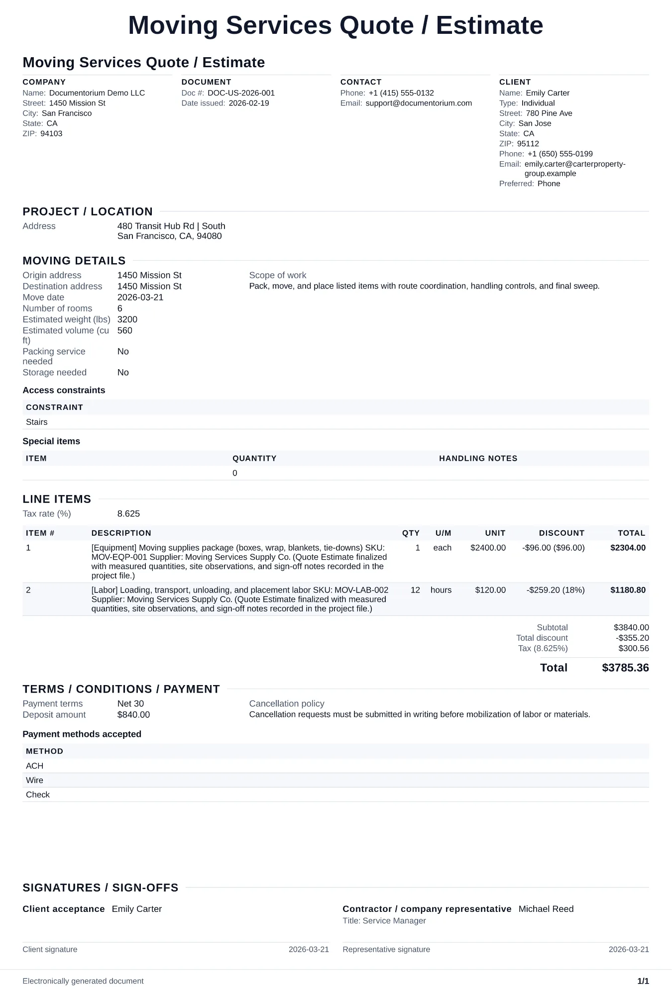Preview of Moving Services Quote / Estimate
