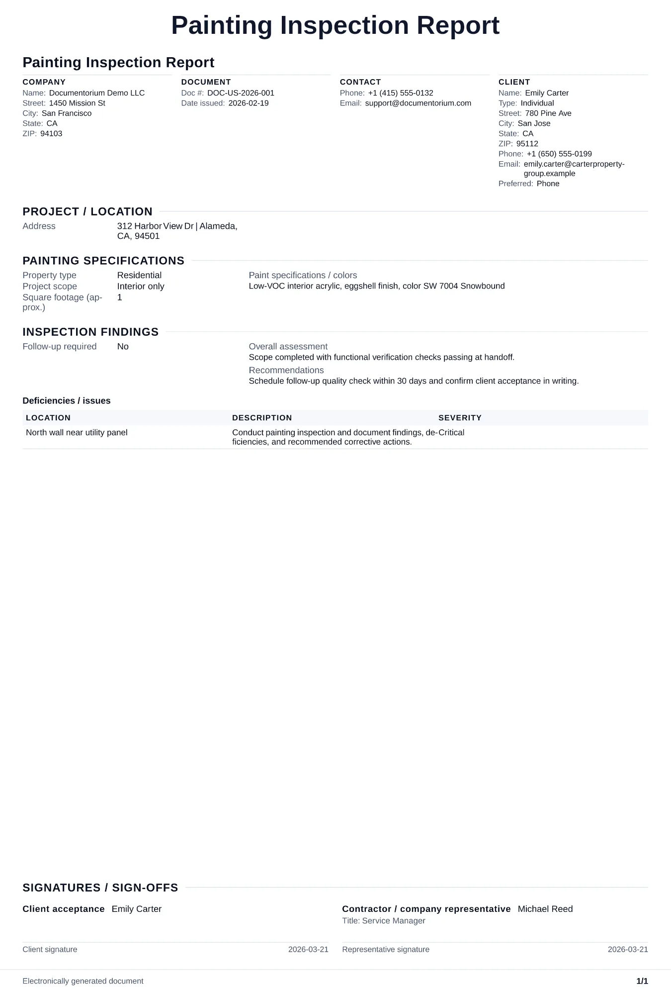 Preview of Painting Inspection Report