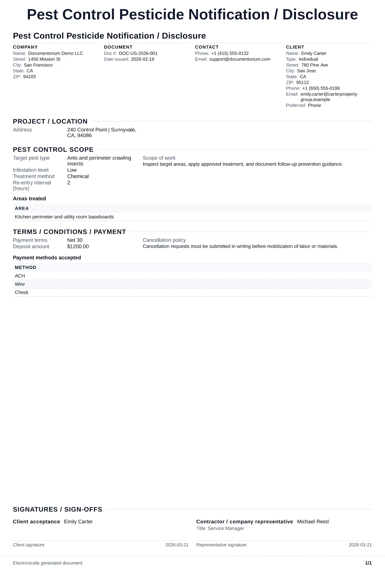 Preview of Pest Control Pesticide Notification / Disclosure