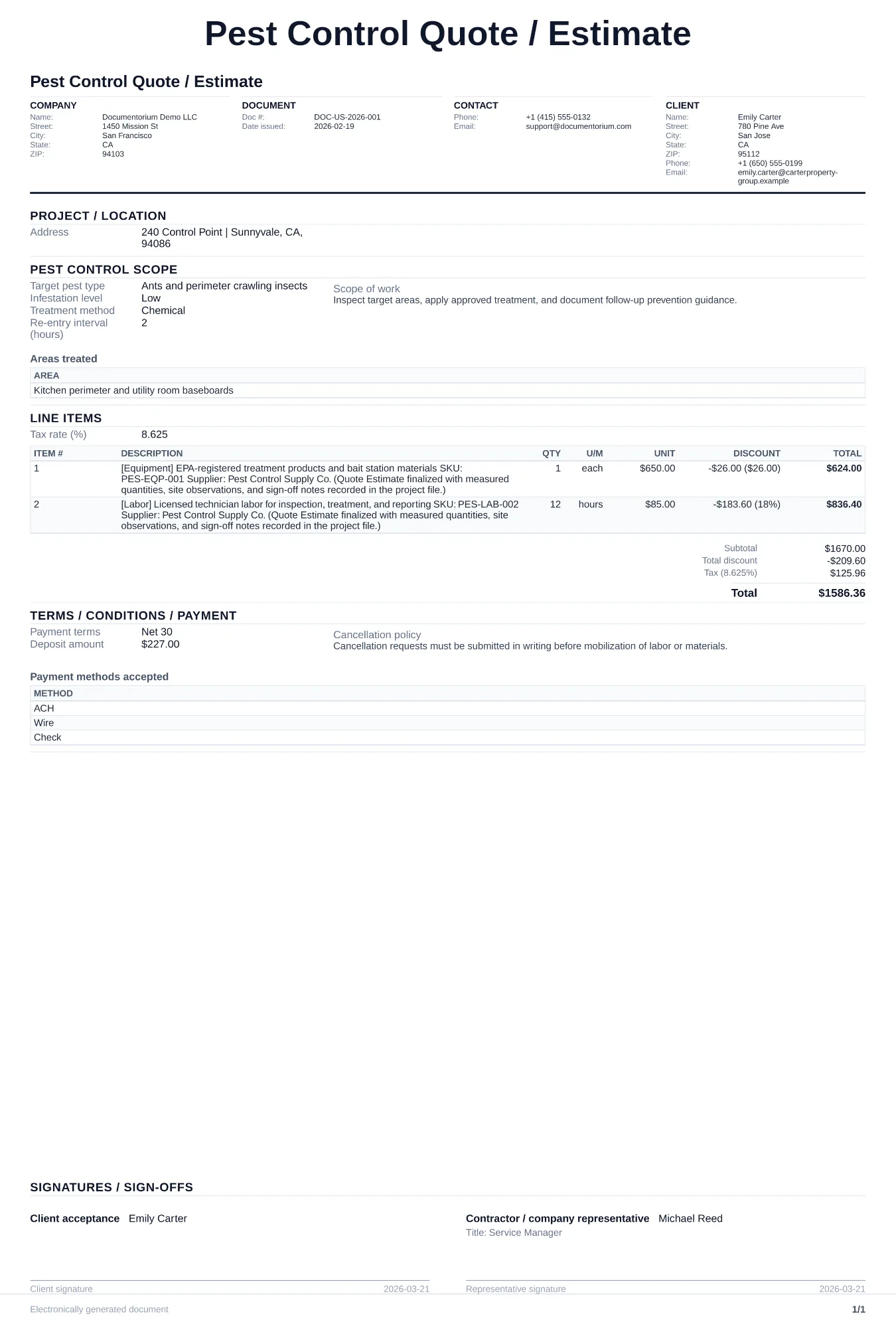 Pest Control Quote / Estimate