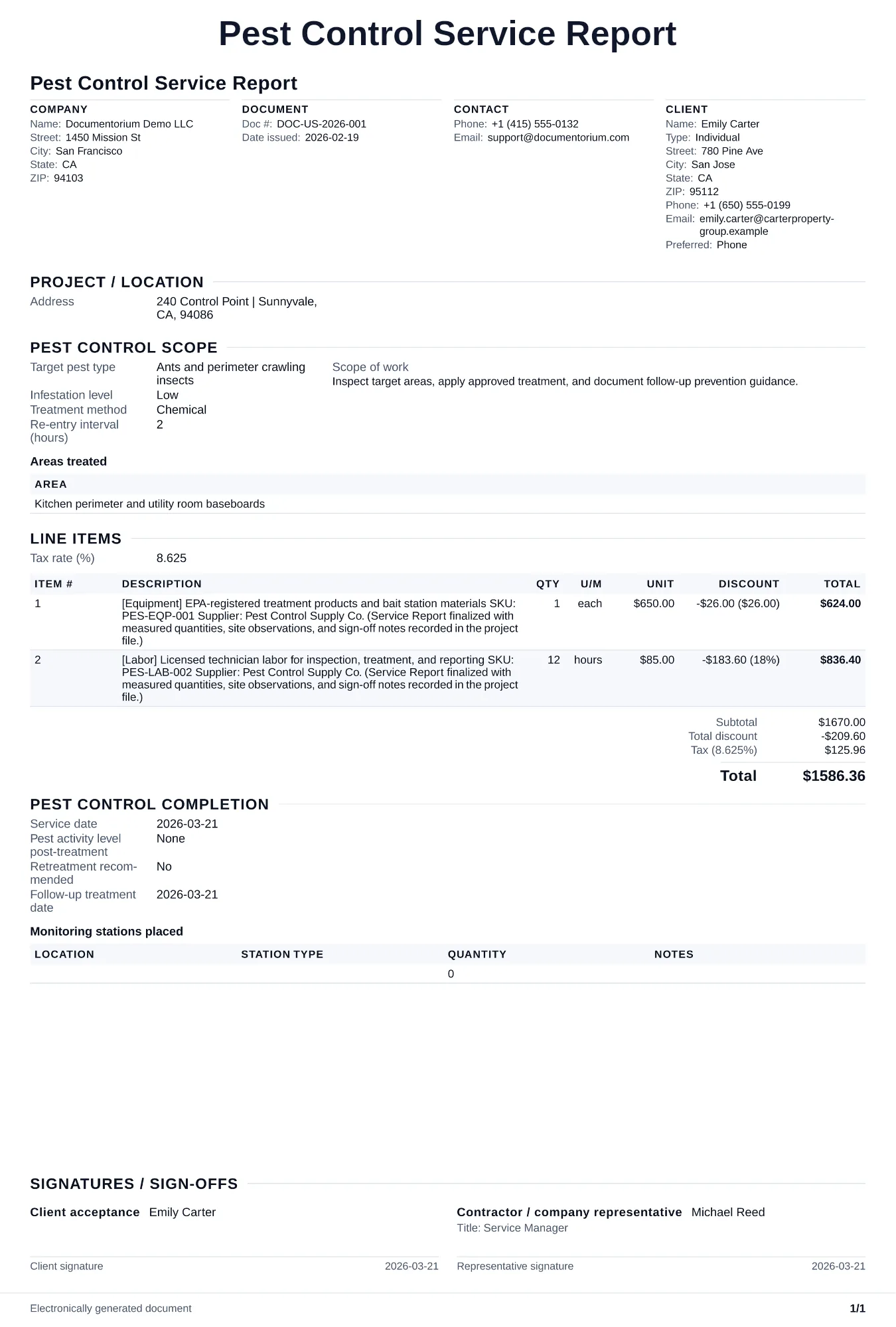 Preview of Pest Control Service Report