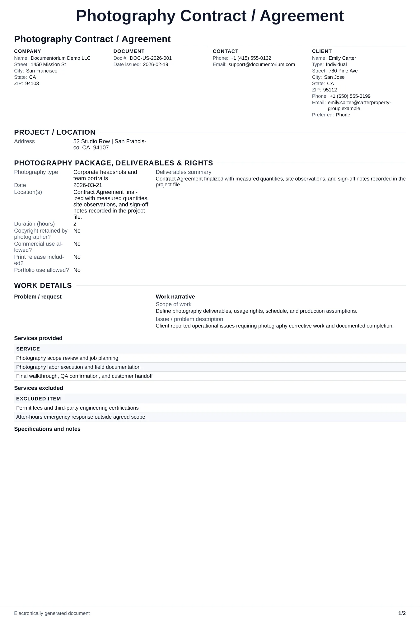 Preview of Photography Contract / Agreement