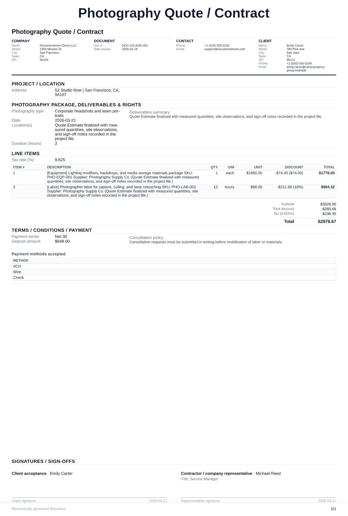 Photography Quote / Contract