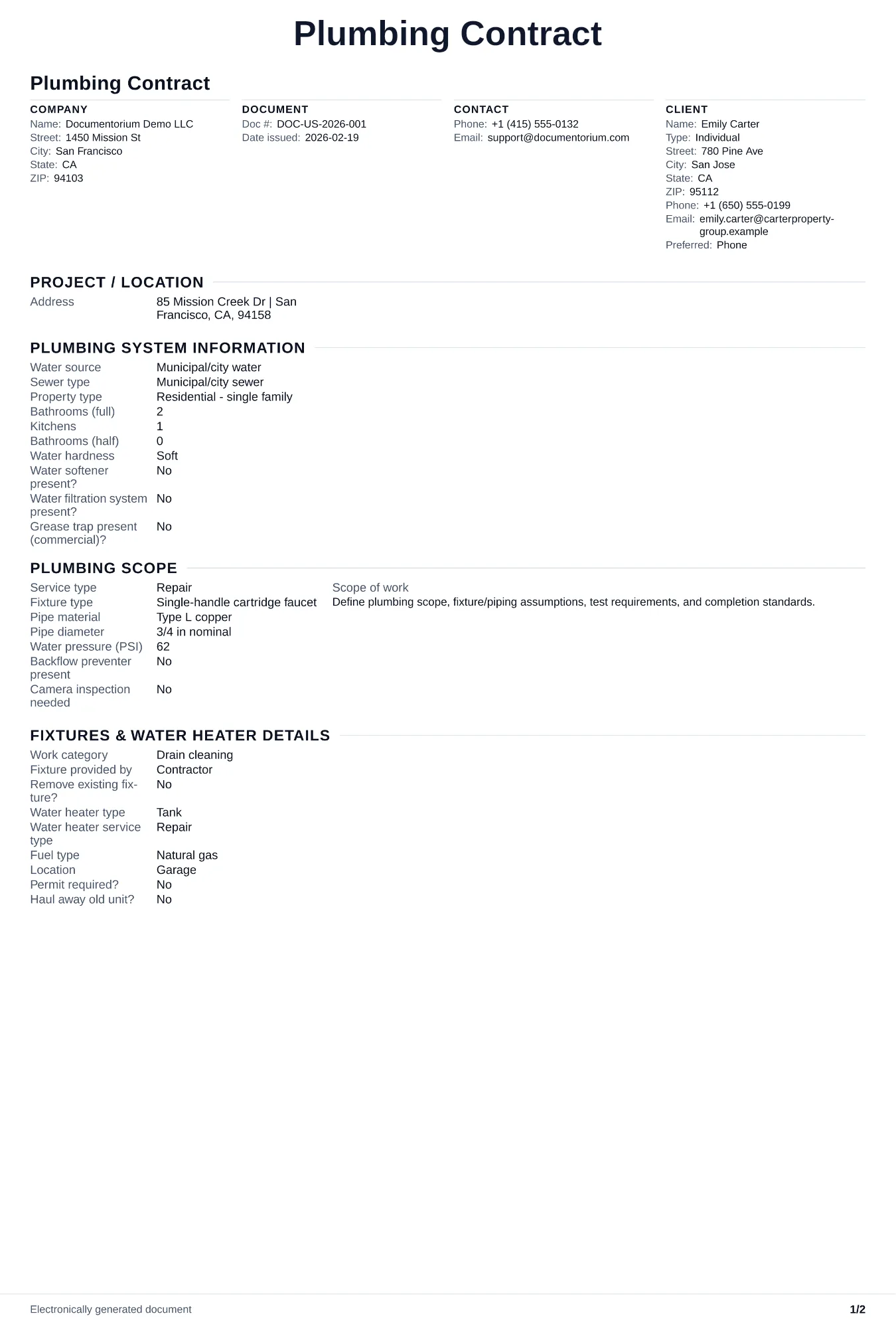 Preview of Plumbing Contract