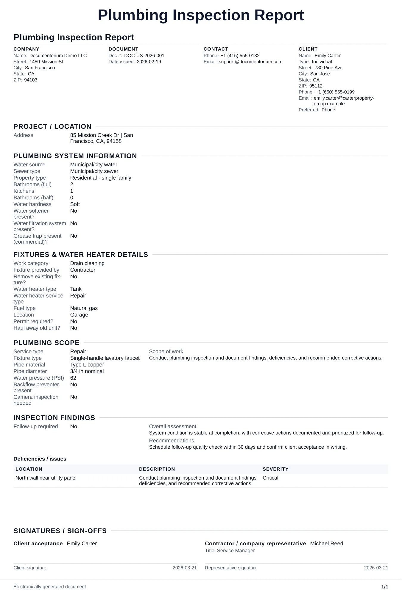 Preview of Plumbing Inspection Report