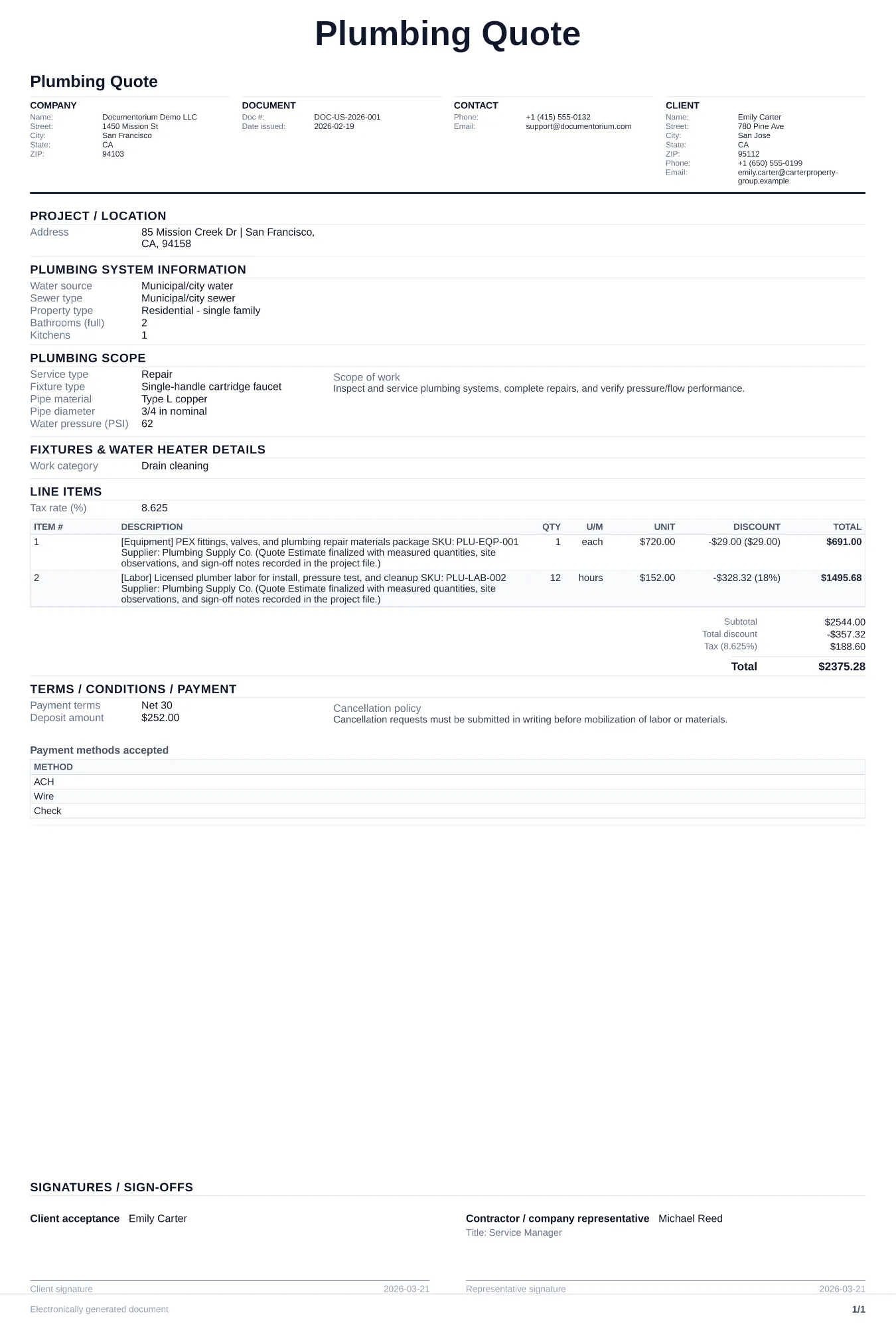Plumbing Quote / Estimate