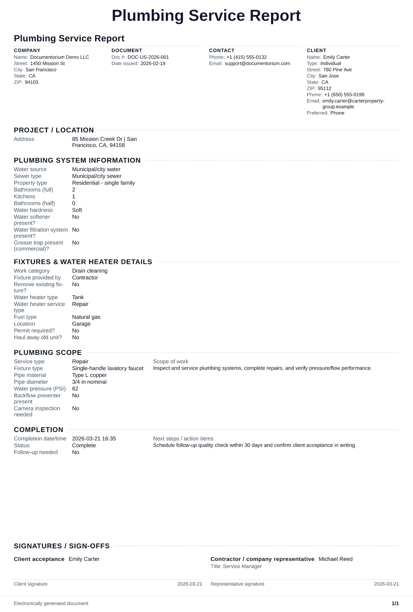Preview of Plumbing Service Report
