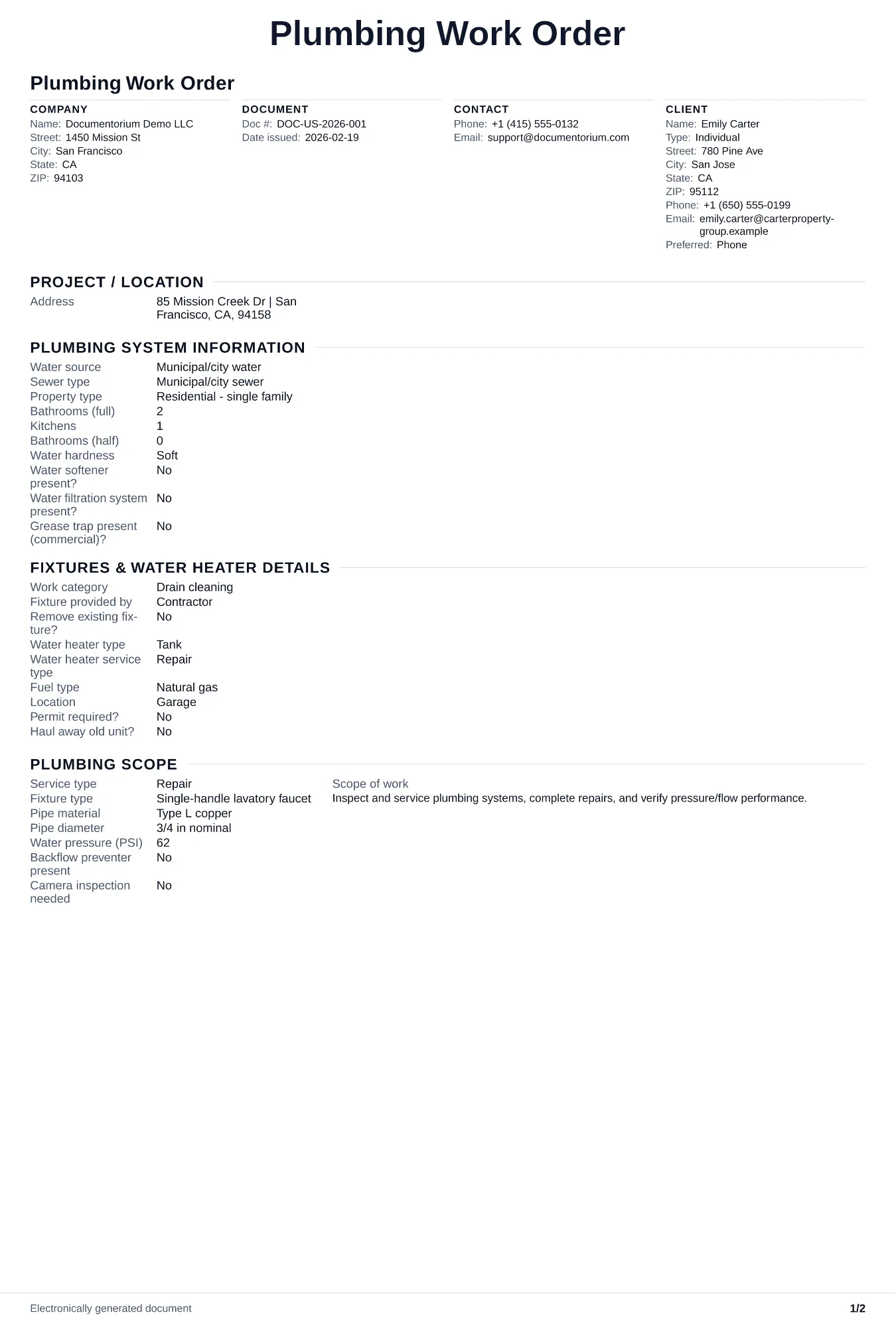 Preview of Plumbing Work Order
