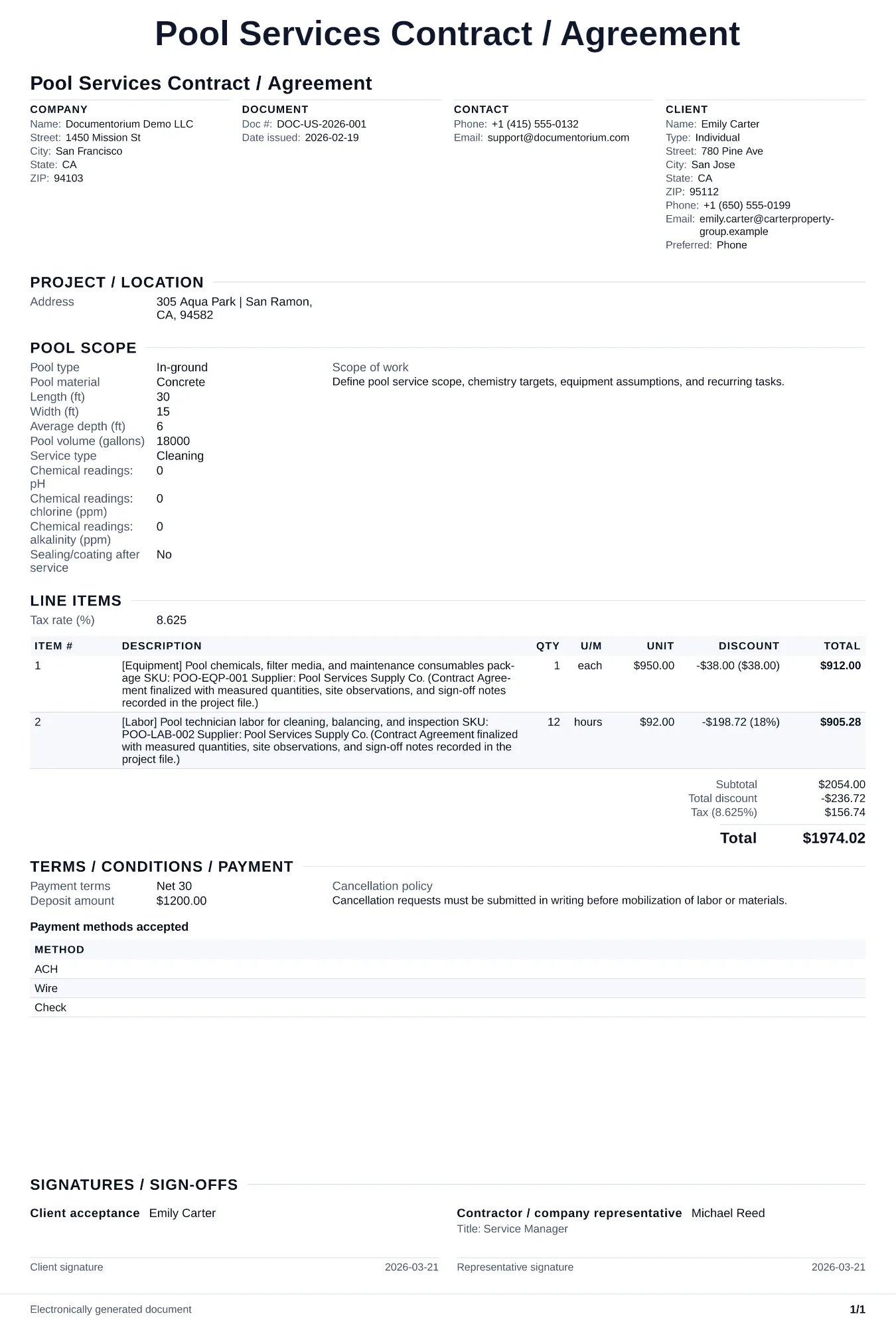 Preview of Pool Services Contract / Agreement