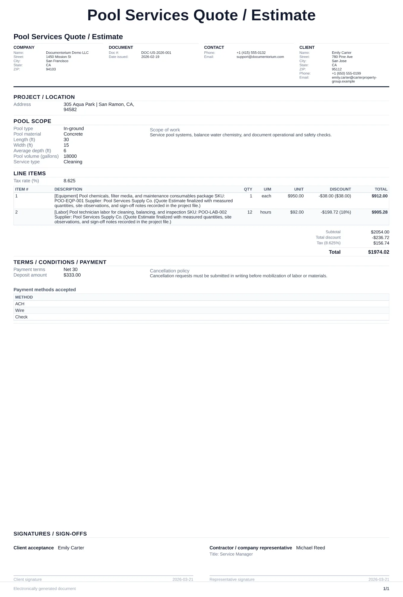 Pool Services Quote / Estimate