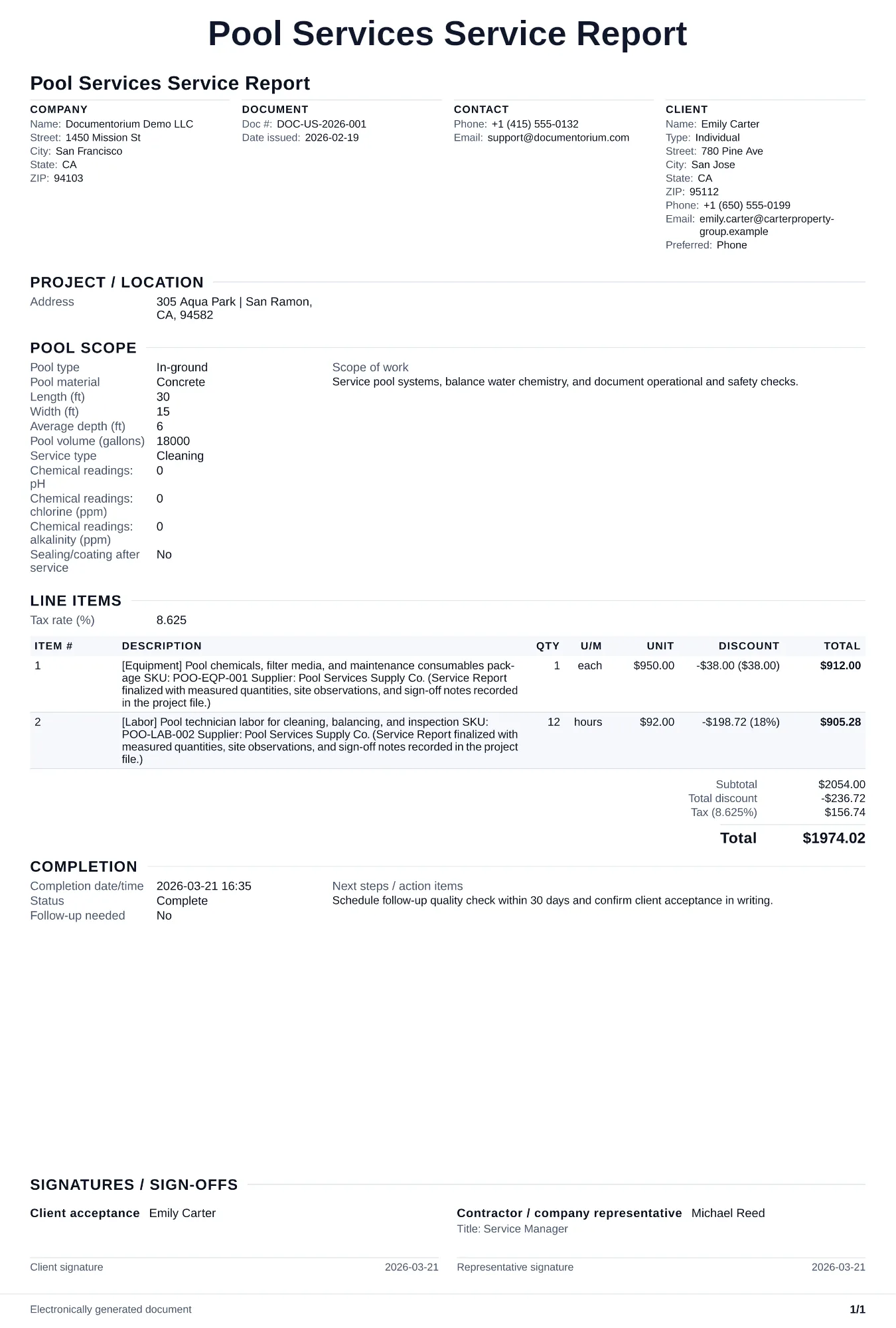 Preview of Pool Services Service Report
