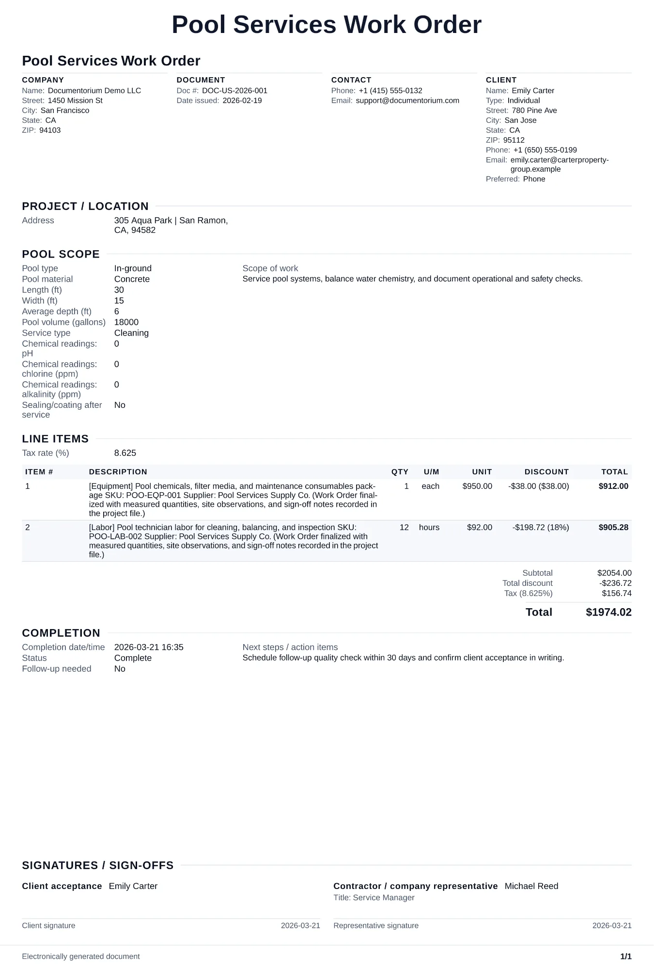 Preview of Pool Services Work Order