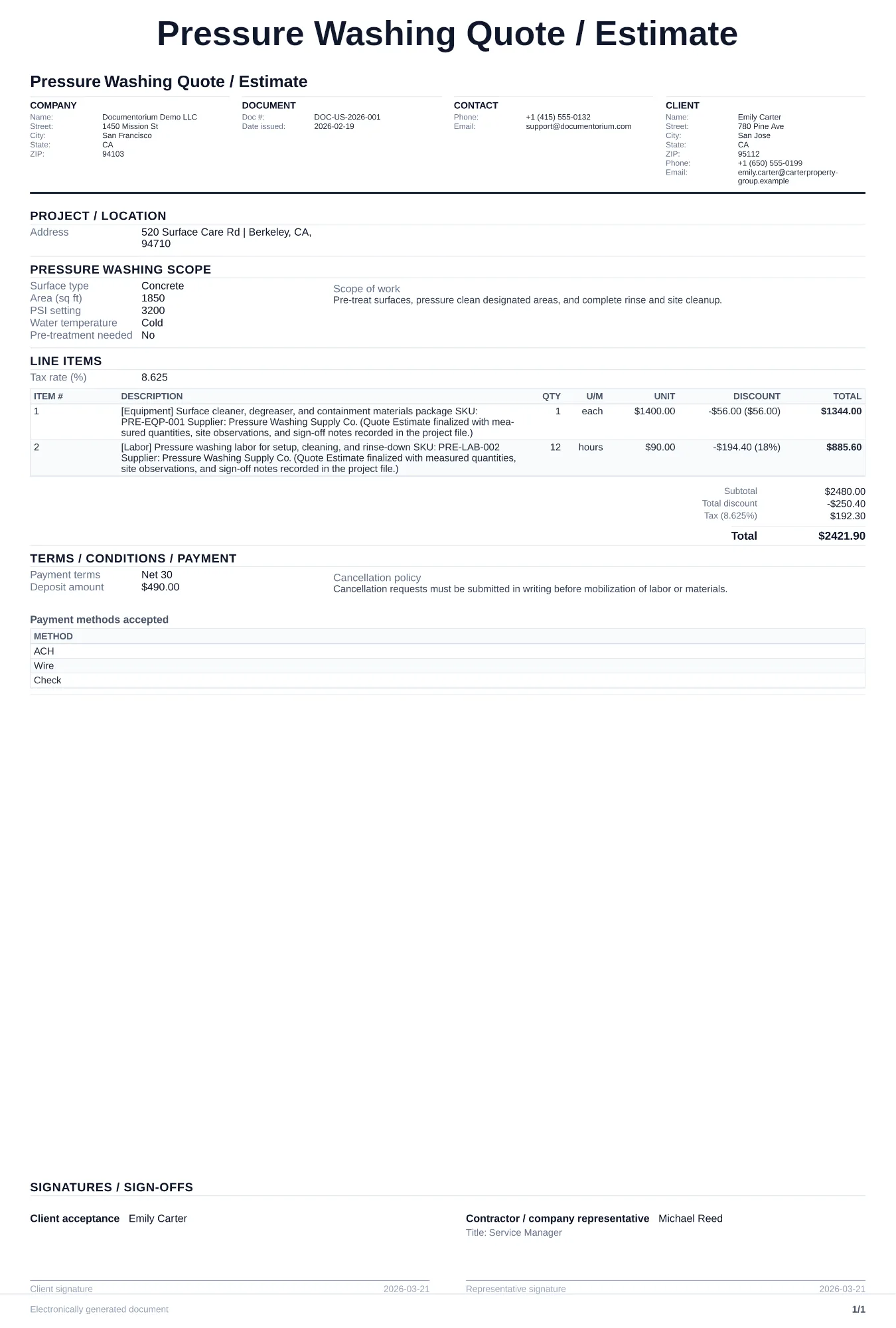Pressure Washing Quote / Estimate