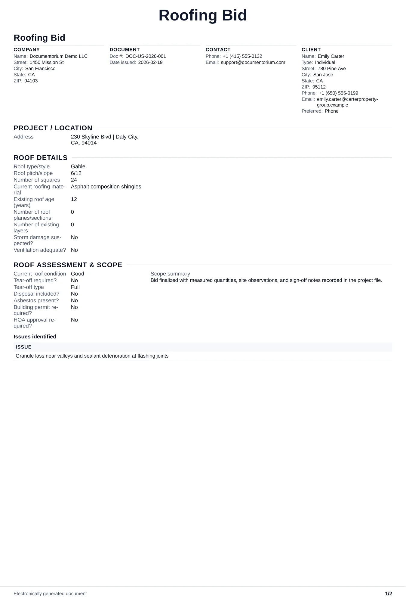 Preview of Roofing Bid