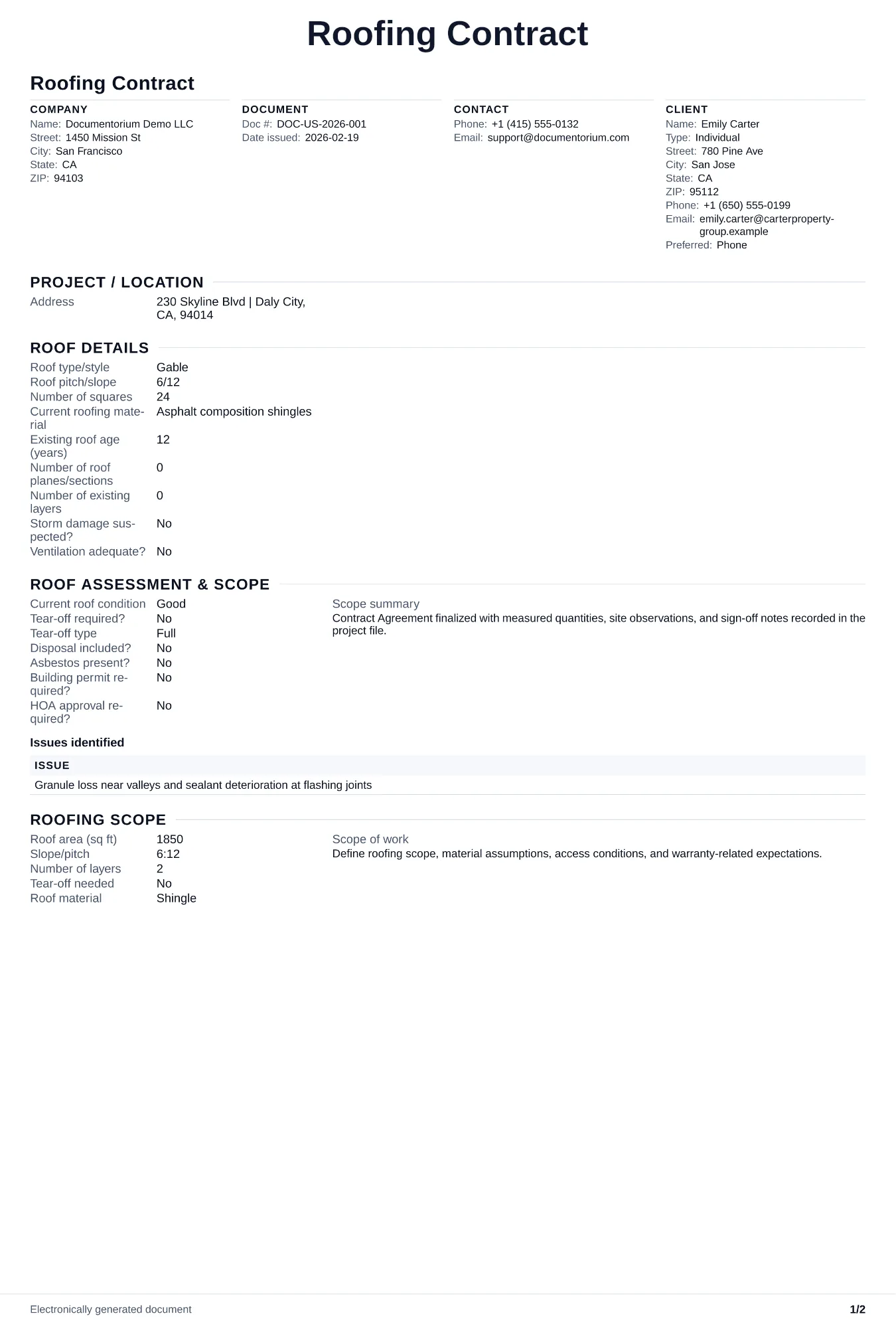 Preview of Roofing Contract