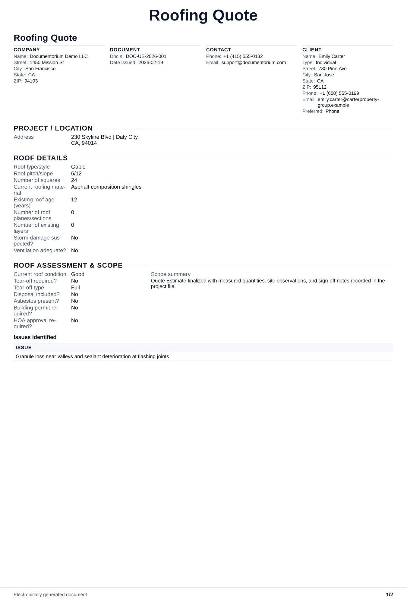 Preview of Roofing Quote