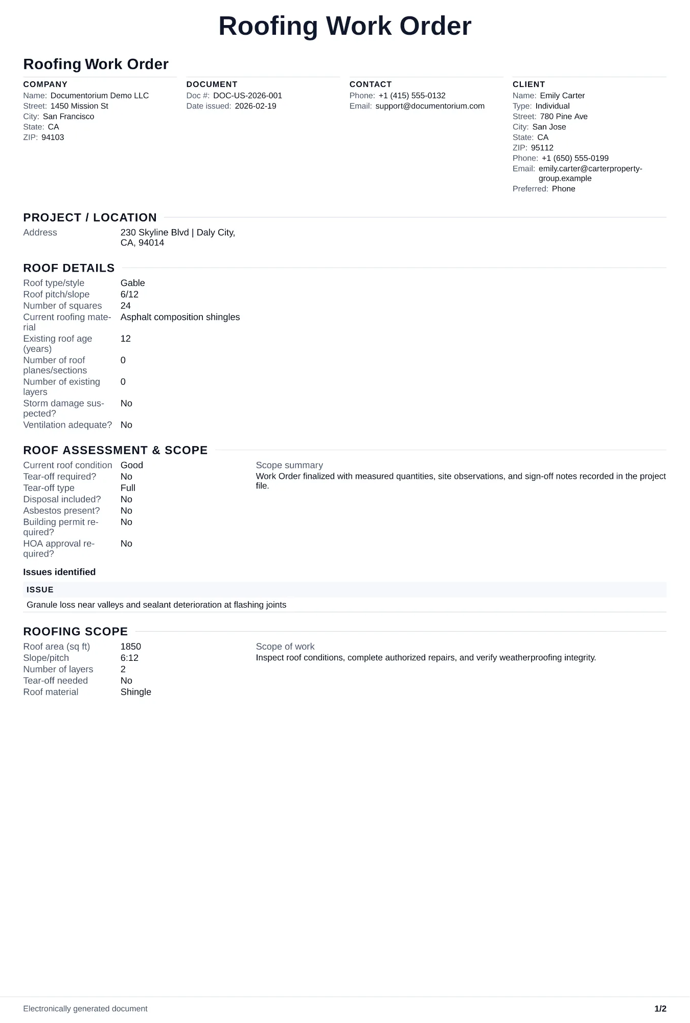 Preview of Roofing Work Order