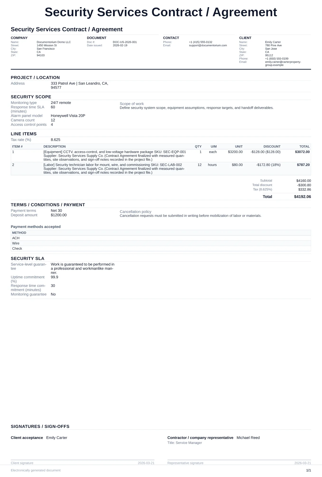 Security Services Contract / Agreement