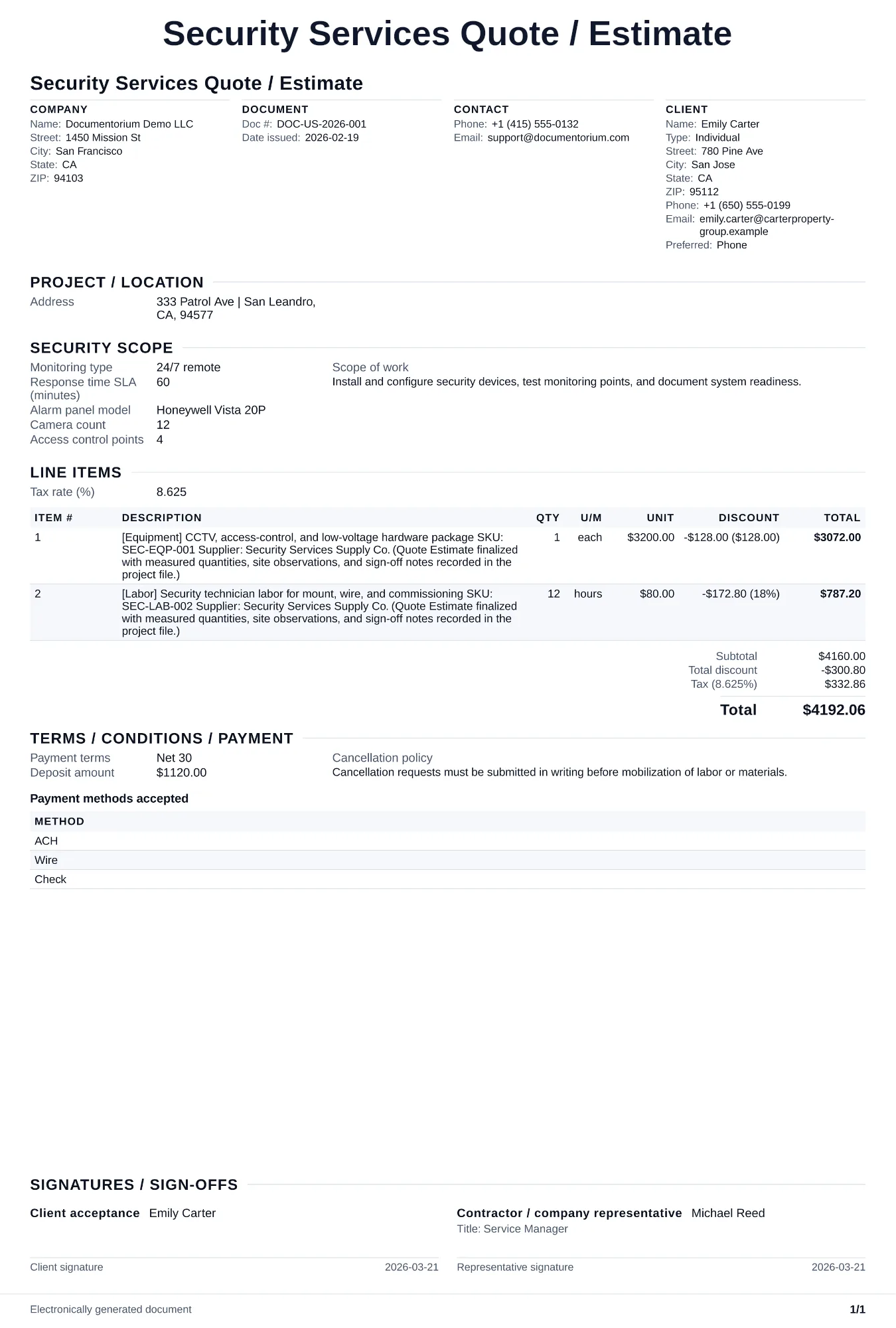 Preview of Security Services Quote / Estimate