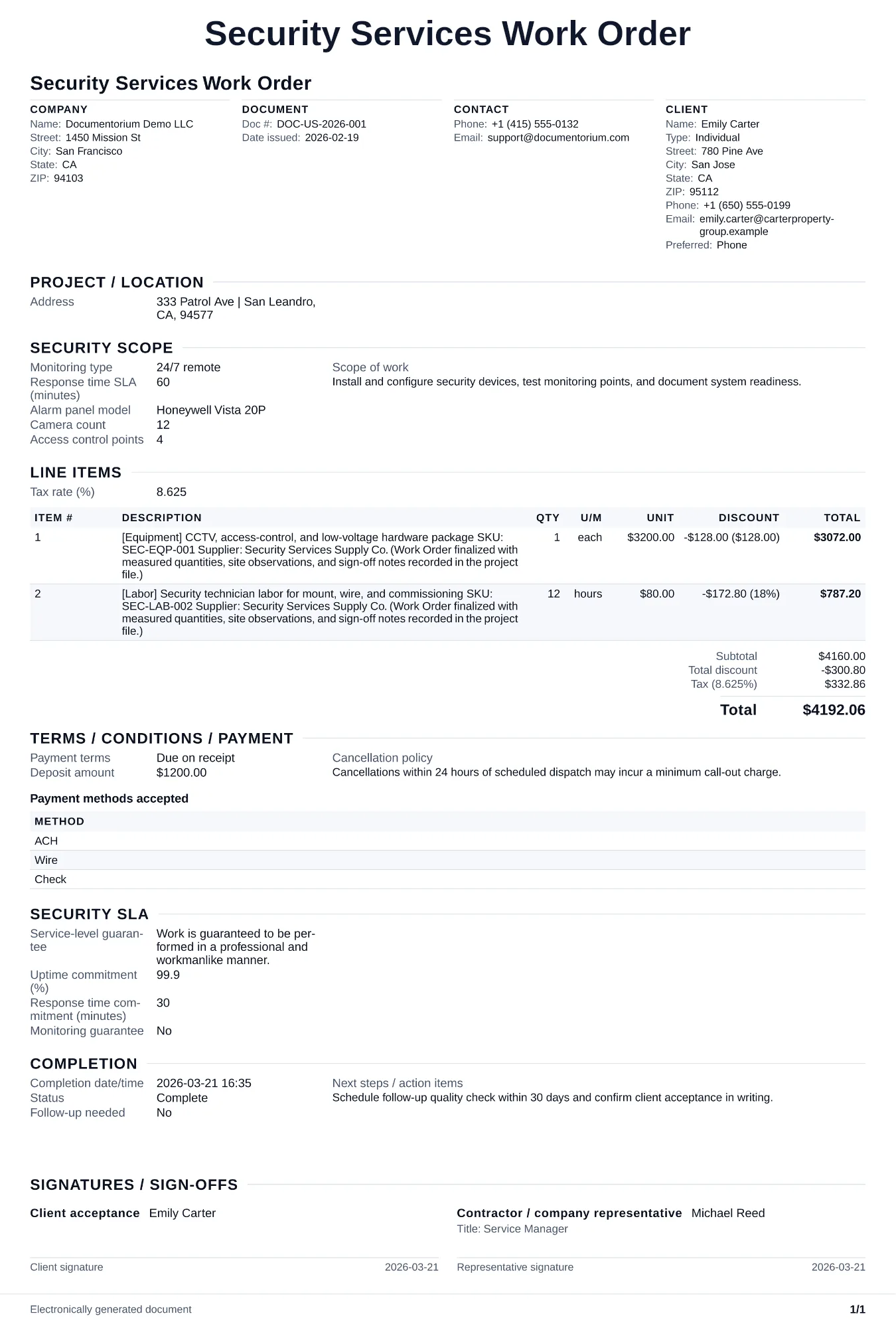 Preview of Security Services Work Order