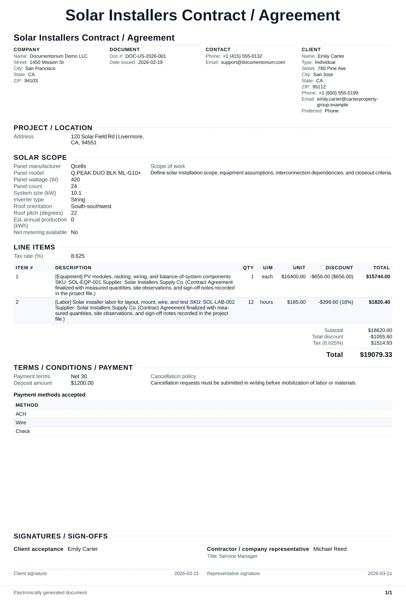 Preview of Solar Installers Contract / Agreement