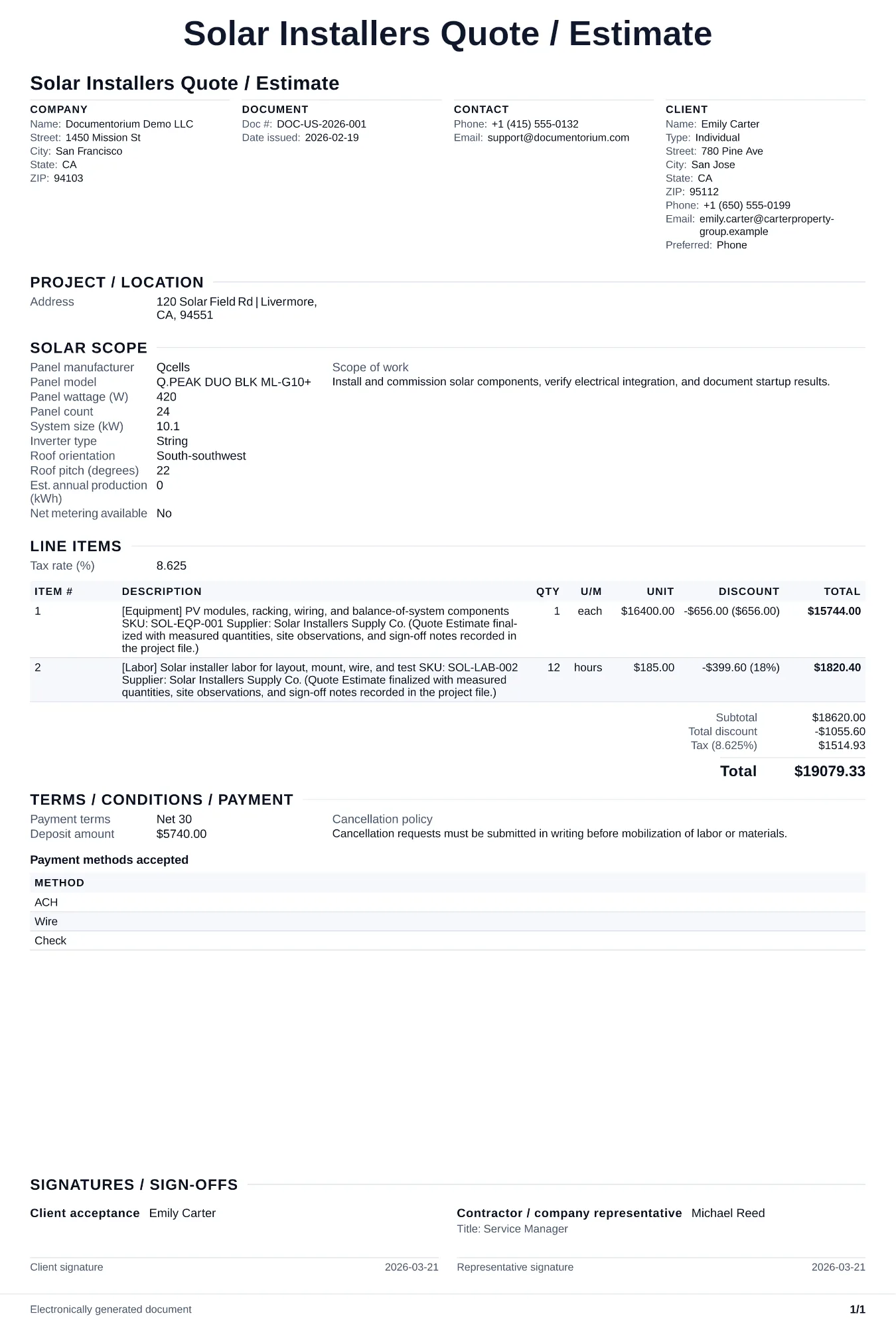 Preview of Solar Installers Quote / Estimate