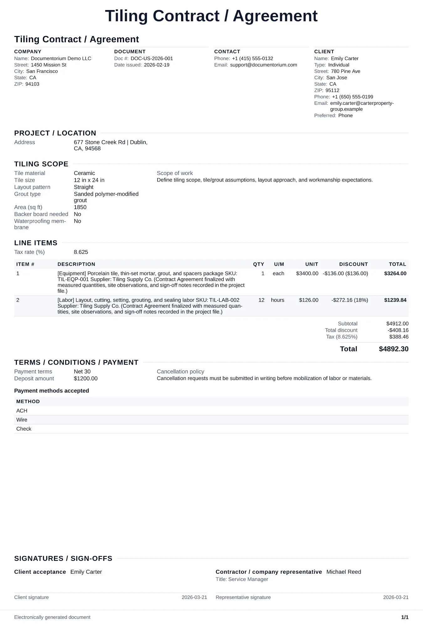 Preview of Tiling Contract / Agreement