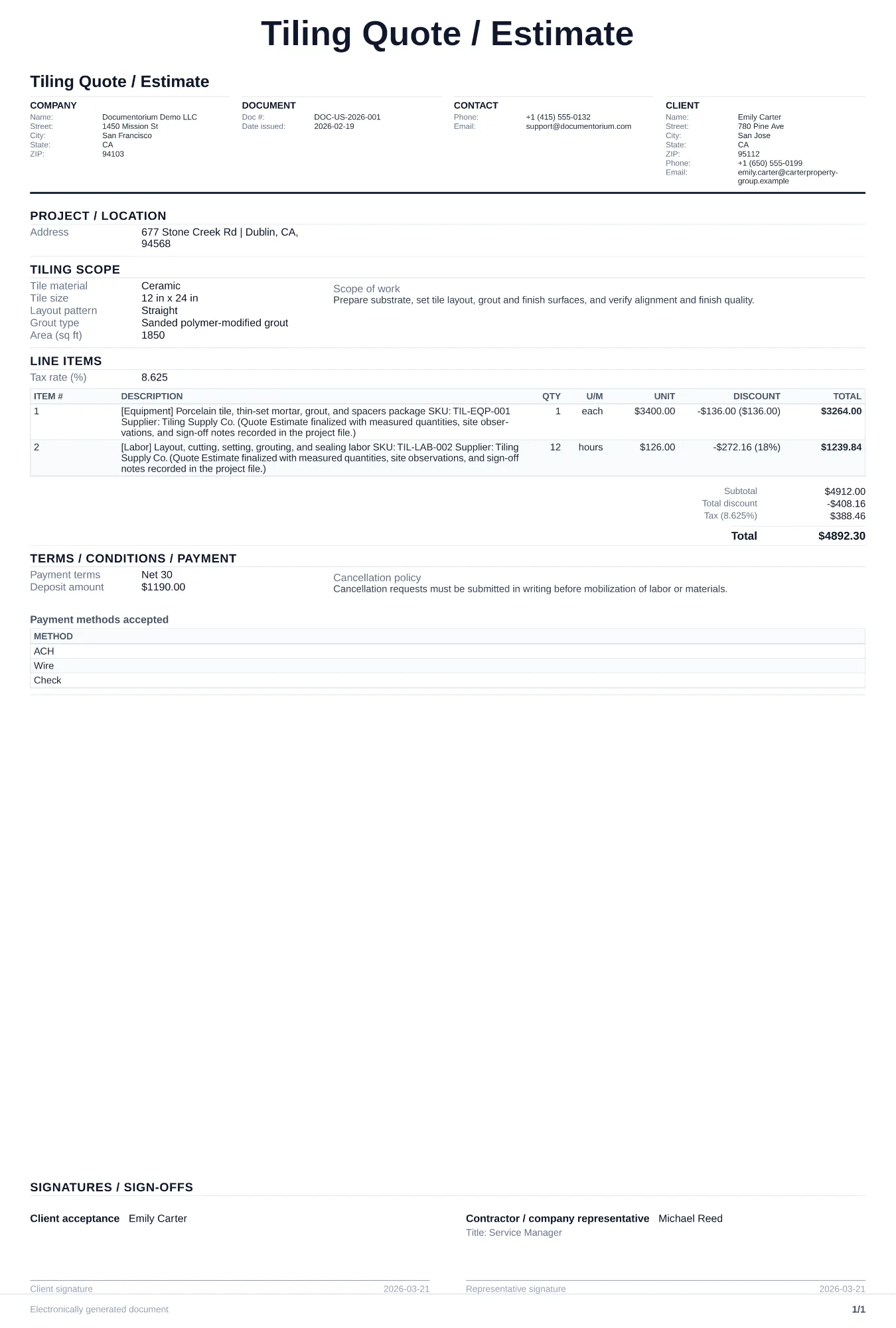 Tiling Quote / Estimate