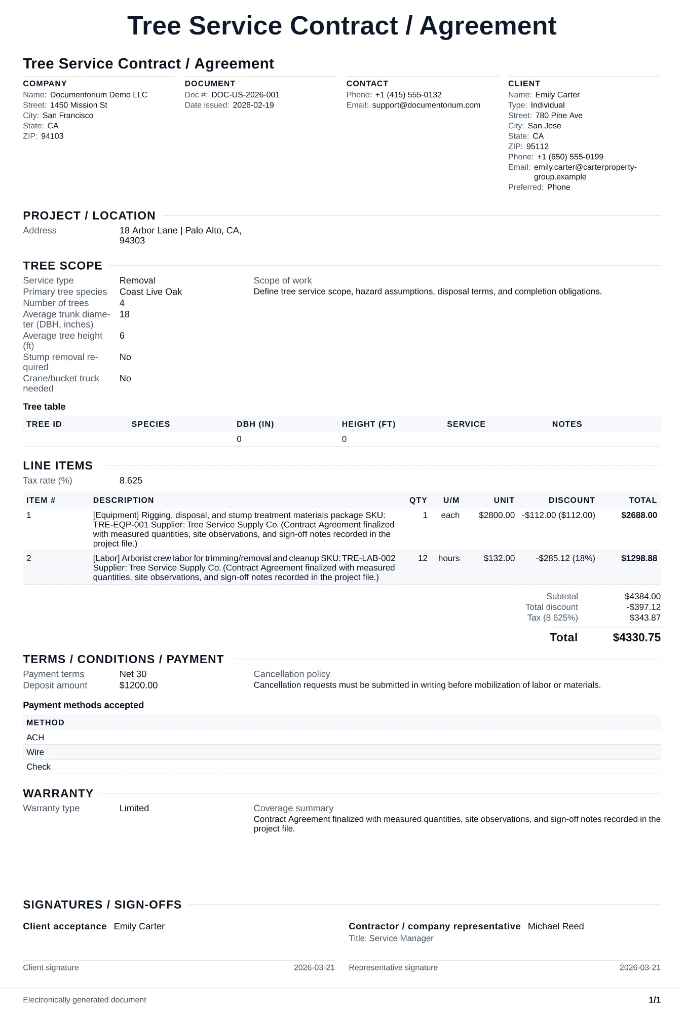 Preview of Tree Service Contract / Agreement