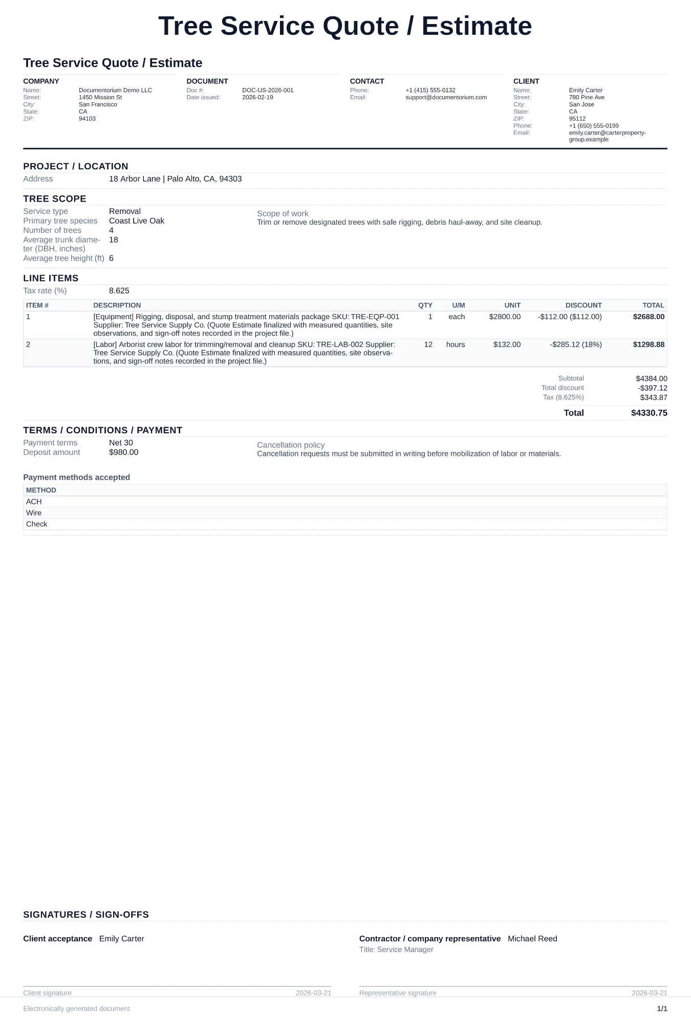 Tree Service Quote / Estimate