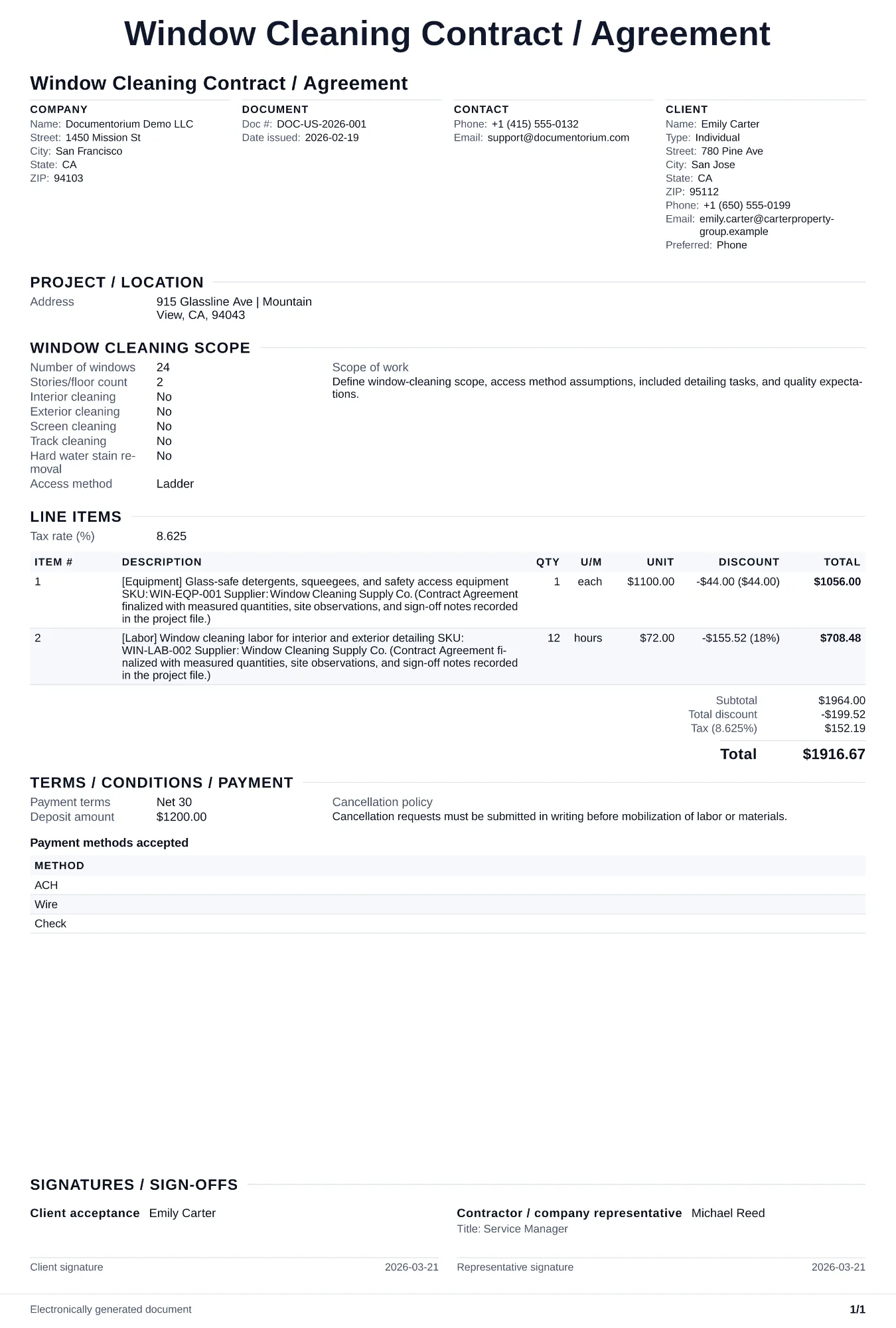 Preview of Window Cleaning Contract / Agreement