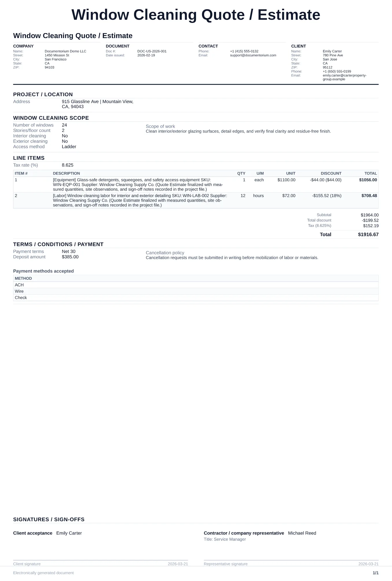 Window Cleaning Quote / Estimate